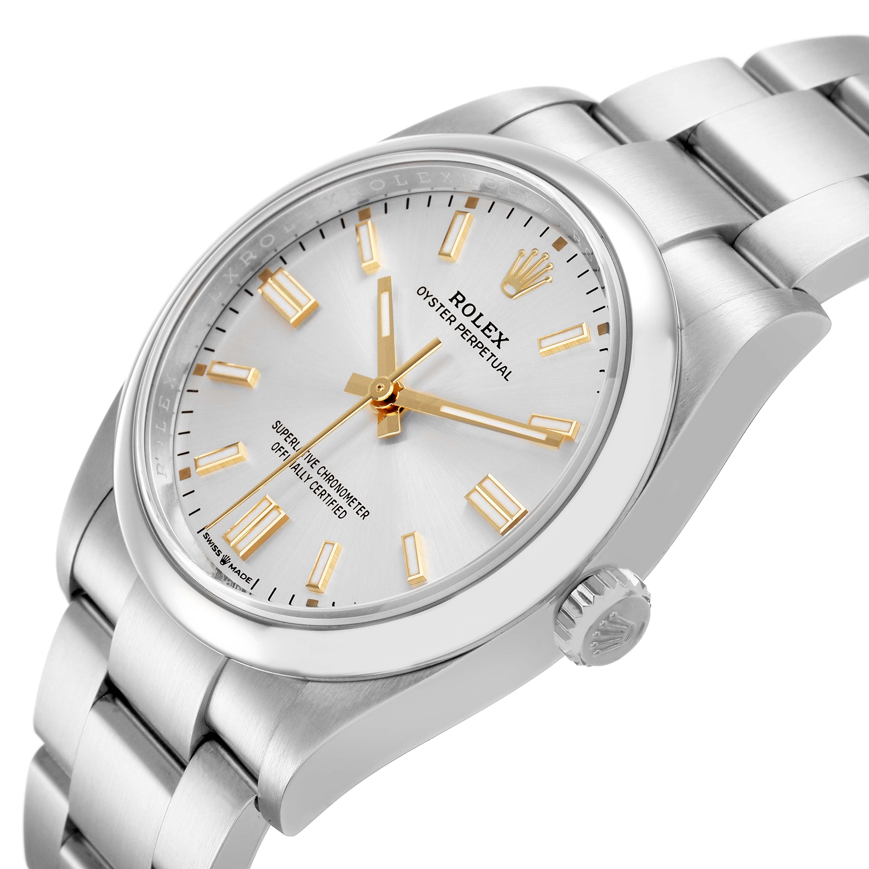 The Rolex Oyster Perpetual 126000 Men's Stainless Steel Silver Dial watch is shown at a tilted angle, highlighting the face, crown, and part of the bracelet.