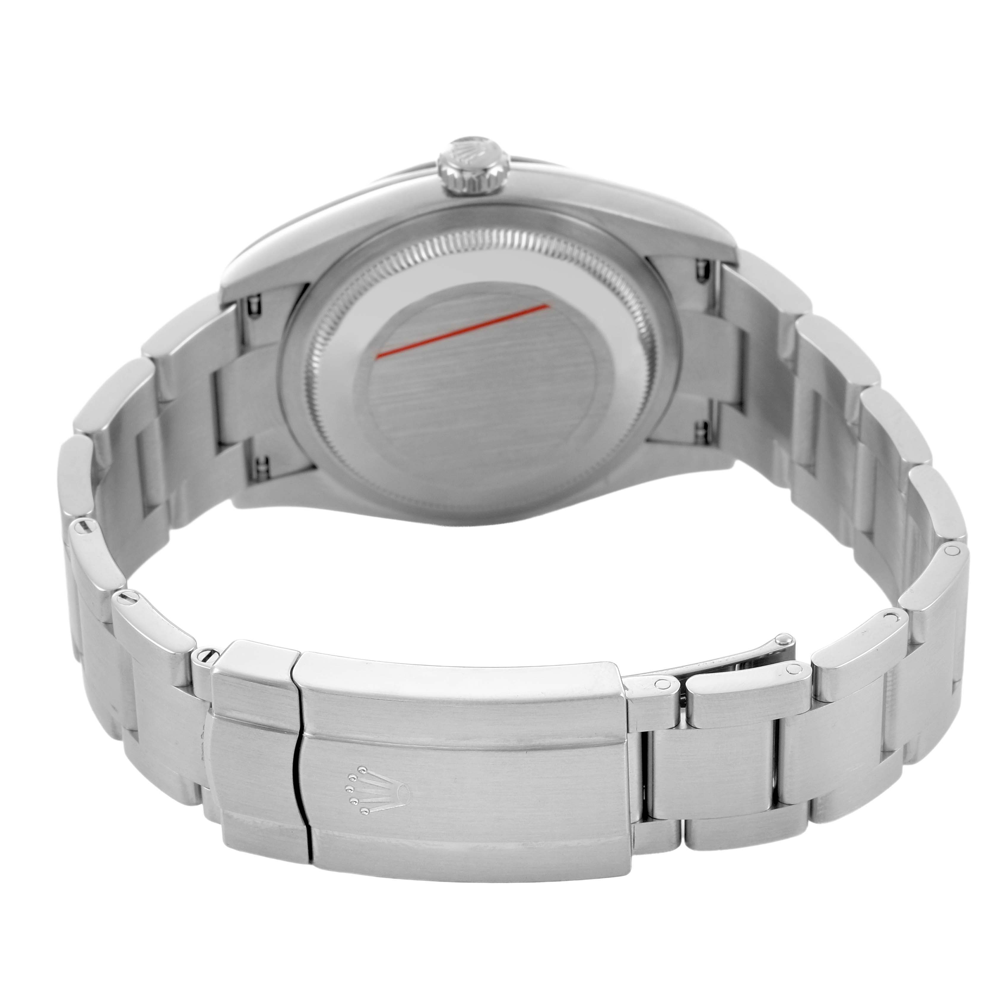 The image shows the back of a Rolex Oyster Perpetual 126000 Men's Stainless Steel Silver Dial watch, displaying the bracelet and clasp.