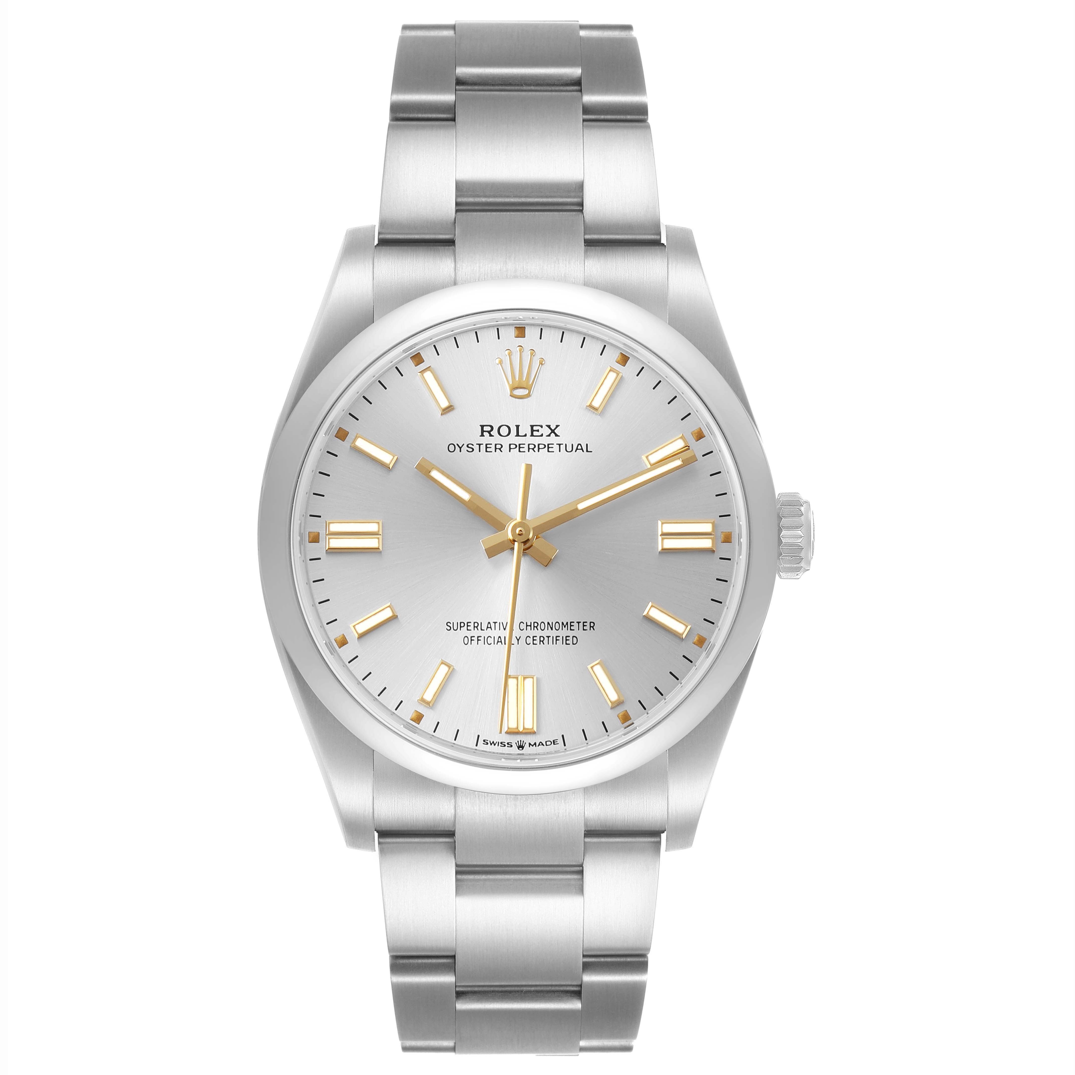 The image shows a Rolex Oyster Perpetual 126000 Men's Stainless Steel Silver Dial watch from a front angle, displaying the dial, hands, markers, crown, and bracelet.