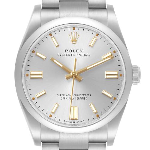 The Rolex Oyster Perpetual 126000 Men's Stainless Steel Silver Dial watch is shown from a front angle, highlighting the dial, hour markers, and crown.