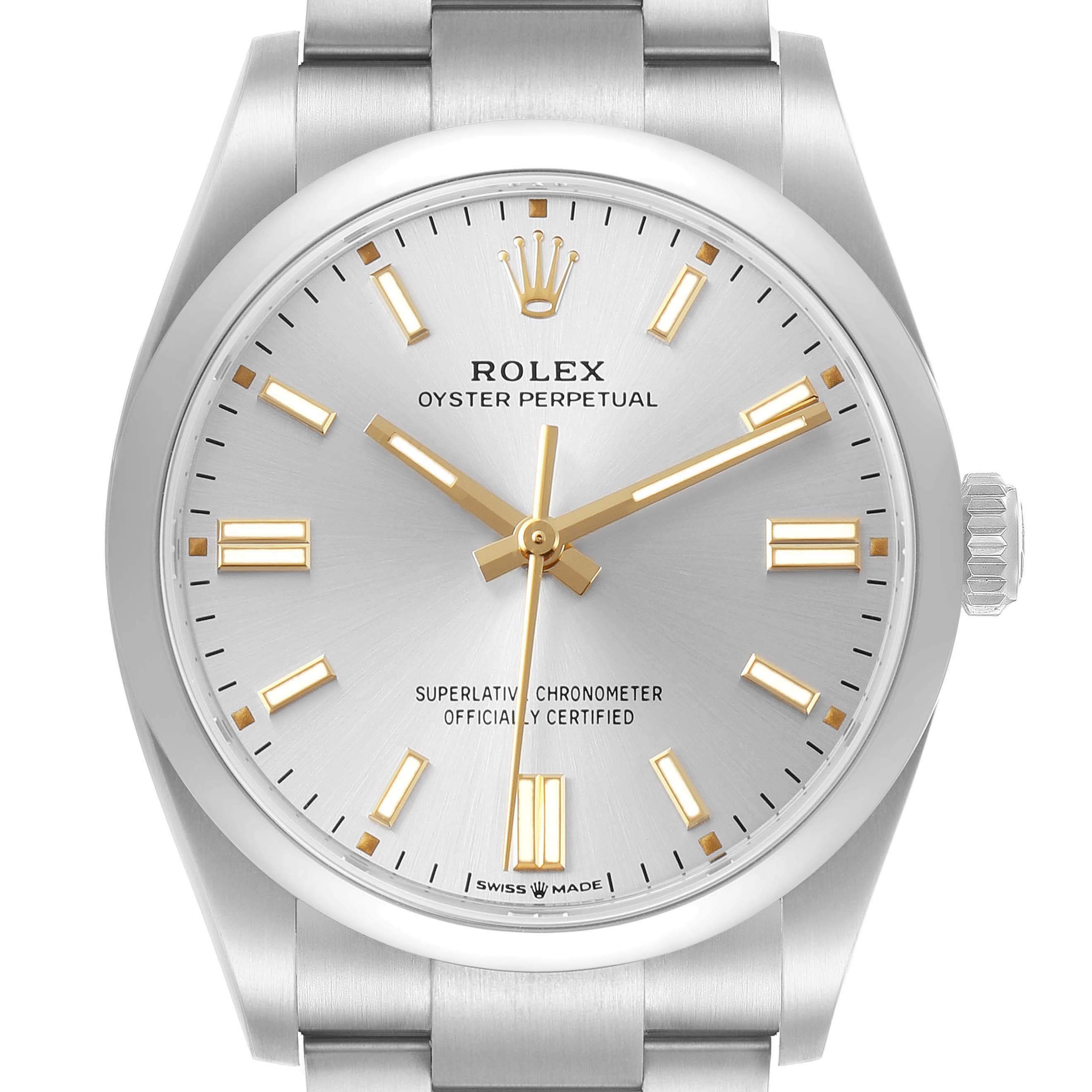 The Rolex Oyster Perpetual 126000 Men's Stainless Steel Silver Dial watch is shown from the front, highlighting its face, crown, and part of the bracelet.