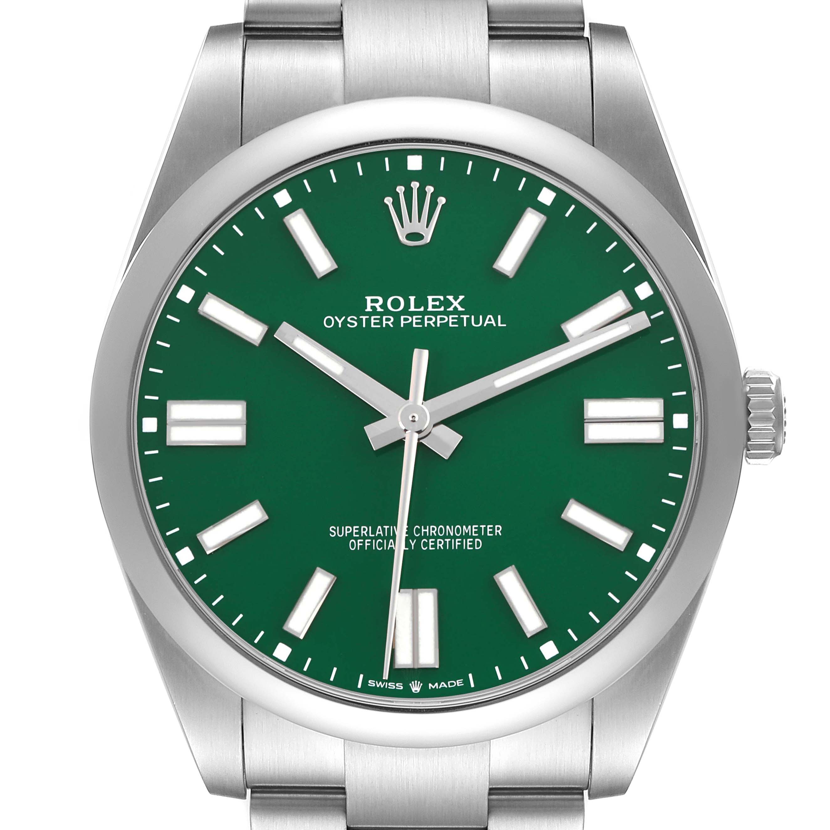The Rolex Oyster Perpetual 124300 Men
s Stainless Steel Green Dial 124300 Men
s Stainless Steel Green Dial watch is shown from a front angle, highlighting the green dial, silver hour markers, and the crown on the side.