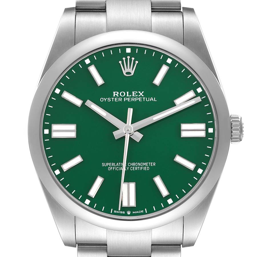 The Rolex Oyster Perpetual watch is shown from a front angle, highlighting the green dial, silver hour markers, and the crown on the side.