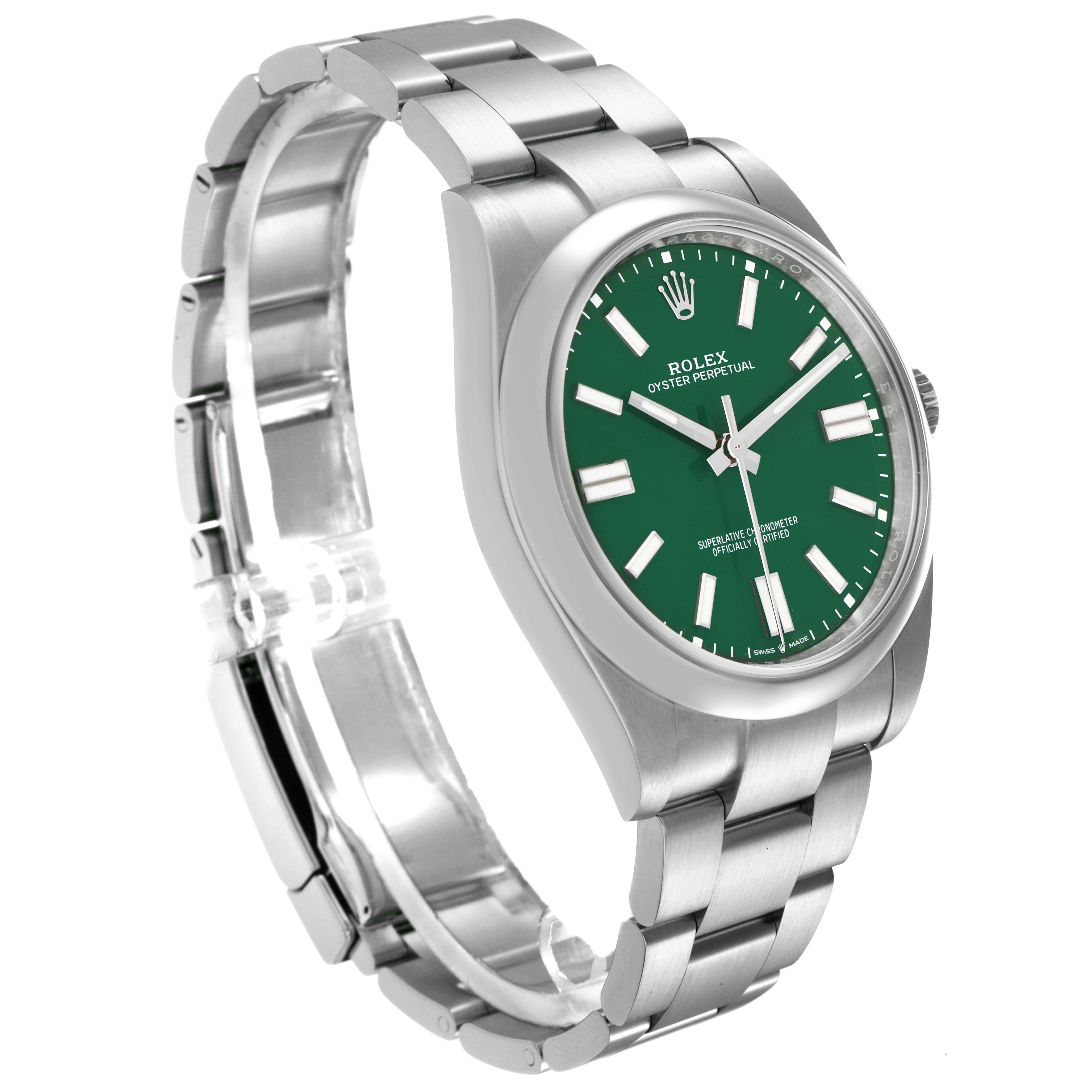The Rolex Oyster Perpetual 124300 Men
s Stainless Steel Green Dial 124300 Men
s Stainless Steel Green Dial watch is shown from an angled side view, displaying the green dial, case, and part of the bracelet.