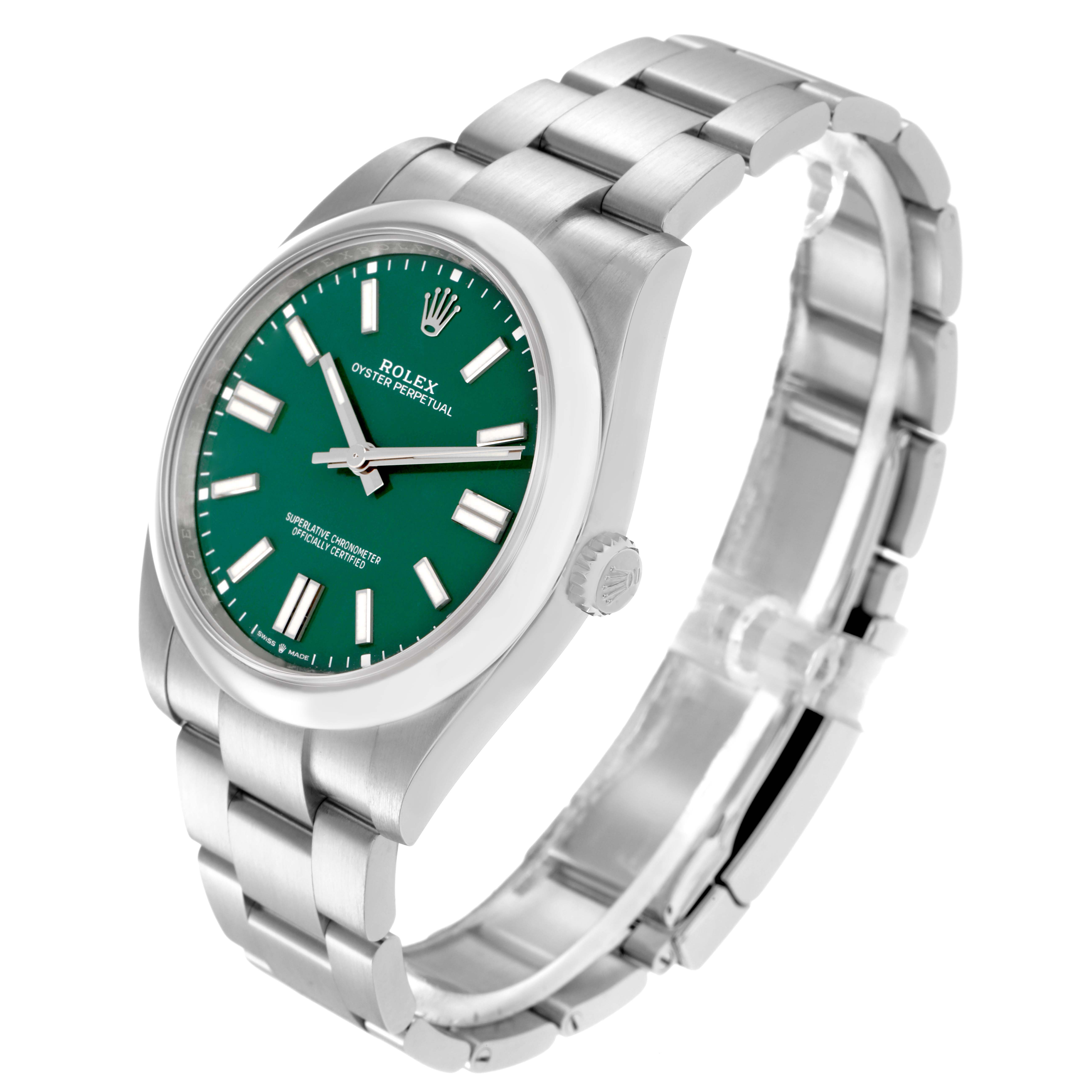 The Rolex Oyster Perpetual 124300 Men
s Stainless Steel Green Dial 124300 Men
s Stainless Steel Green Dial watch is shown at a three-quarter angle, displaying the face, case, crown, and bracelet links.