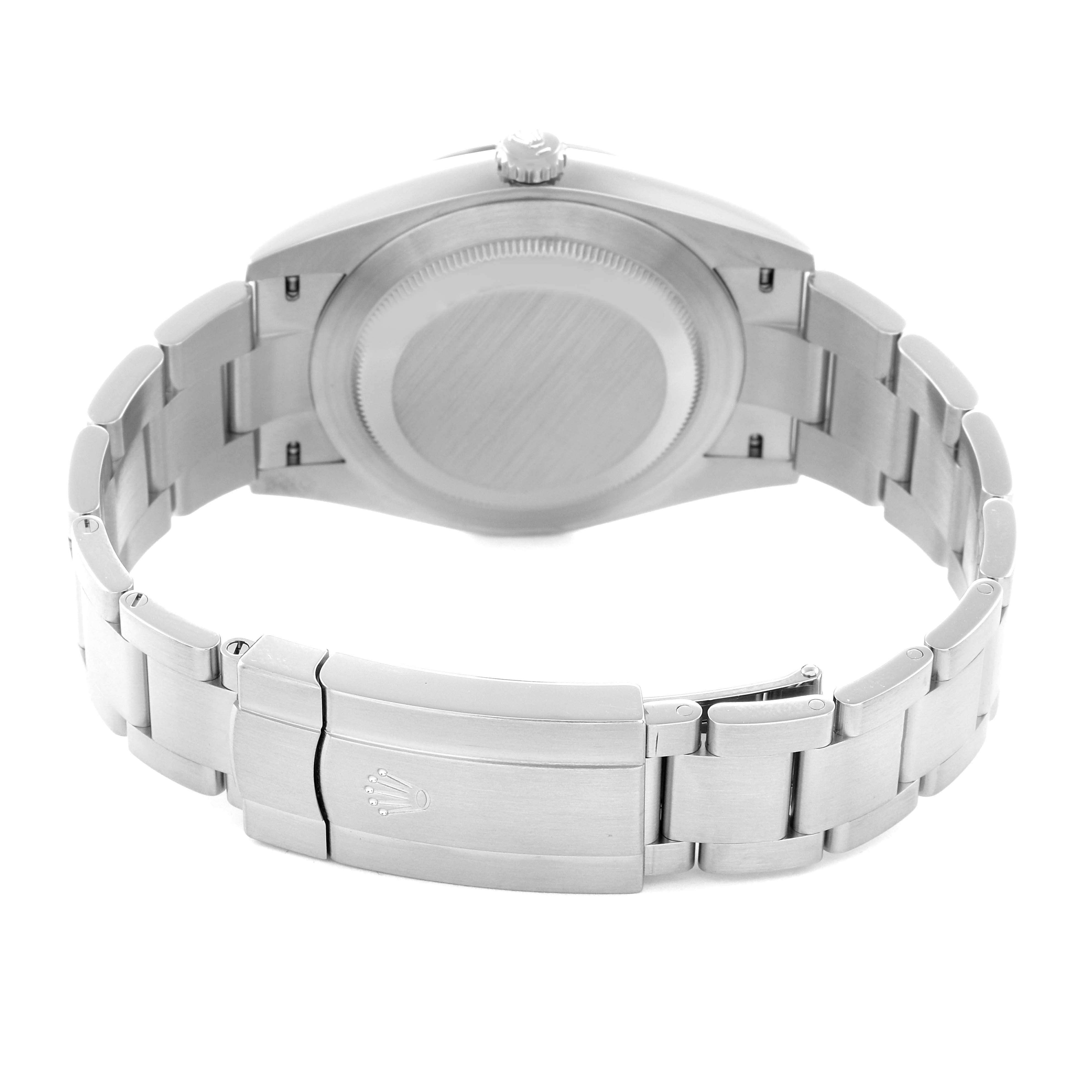 The image shows the back of a Rolex Oyster Perpetual 124300 Men
s Stainless Steel Green Dial 124300 Men
s Stainless Steel Green Dial watch, highlighting the case back and metal bracelet with the clasp.