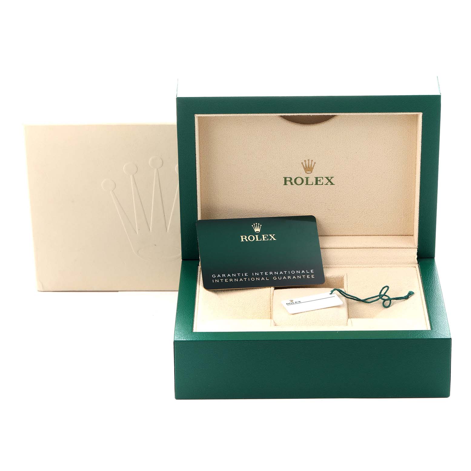 The image shows the packaging for a Rolex Oyster Perpetual 124300 Men
s Stainless Steel Green Dial 124300 Men
s Stainless Steel Green Dial model, including the green box, guarantee card, and hang tag.