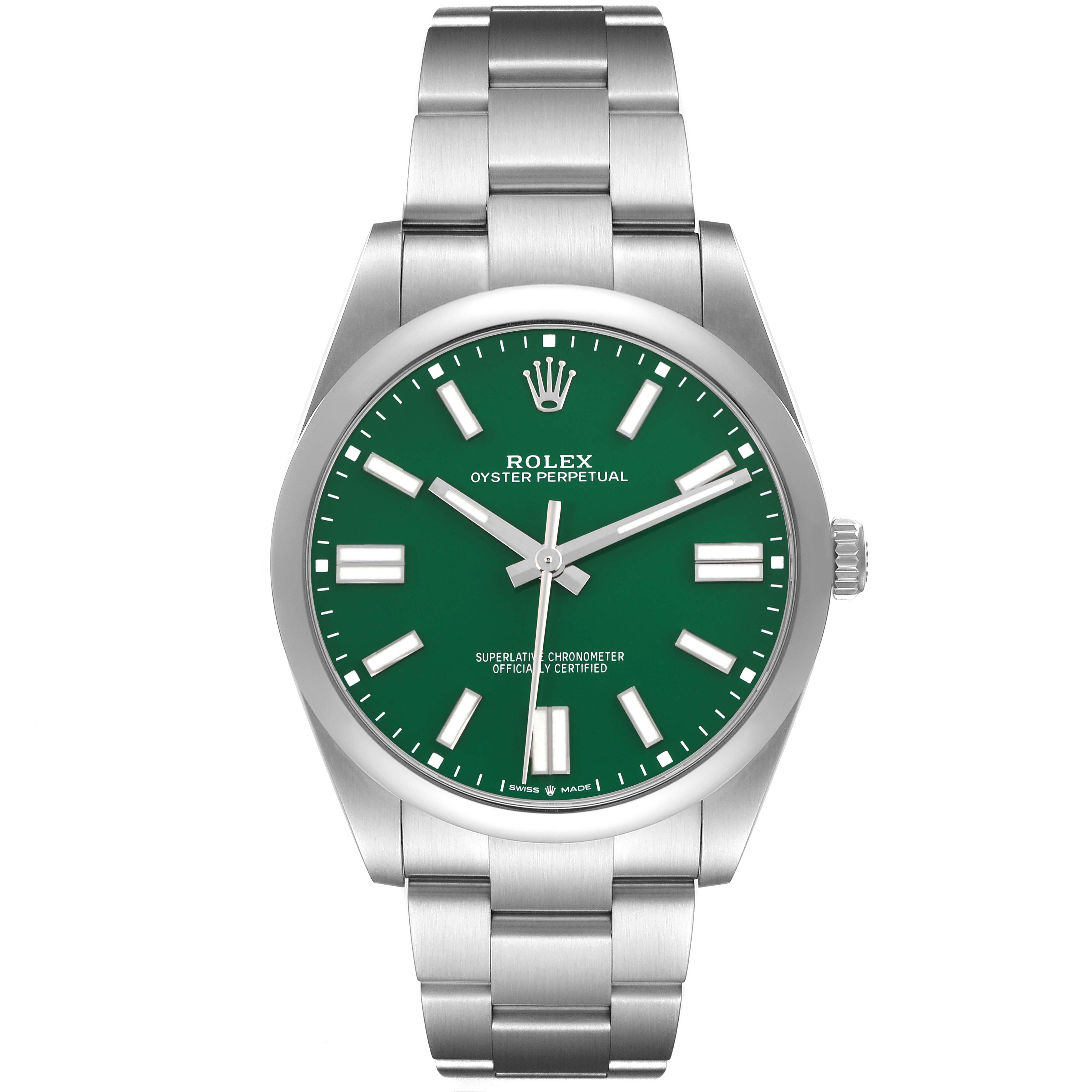 The Rolex Oyster Perpetual 124300 Men
s Stainless Steel Green Dial 124300 Men
s Stainless Steel Green Dial watch is shown from the front, displaying its green dial, silver hands, and metal bracelet.