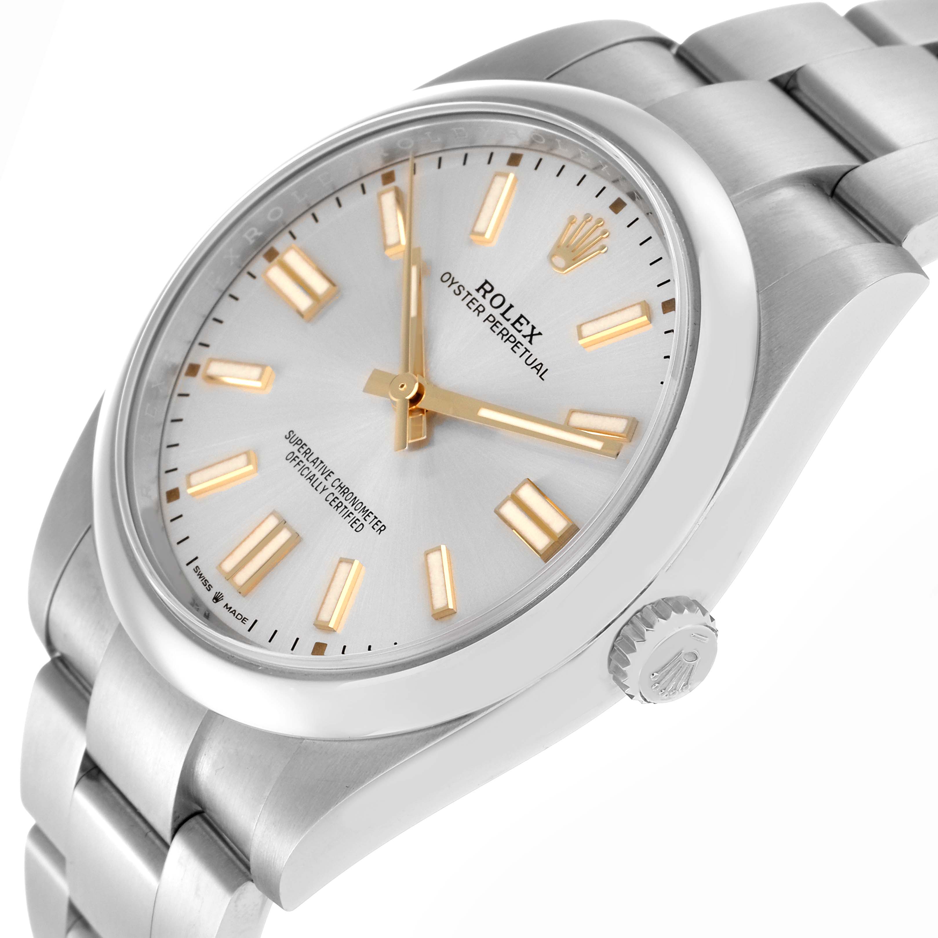 The Rolex Oyster Perpetual 124300 Men
s Stainless Steel Silver Dial 124300 Men
s Stainless Steel Silver Dial watch is shown at an angled side view, displaying the face, bezel, crown, and a portion of the bracelet.