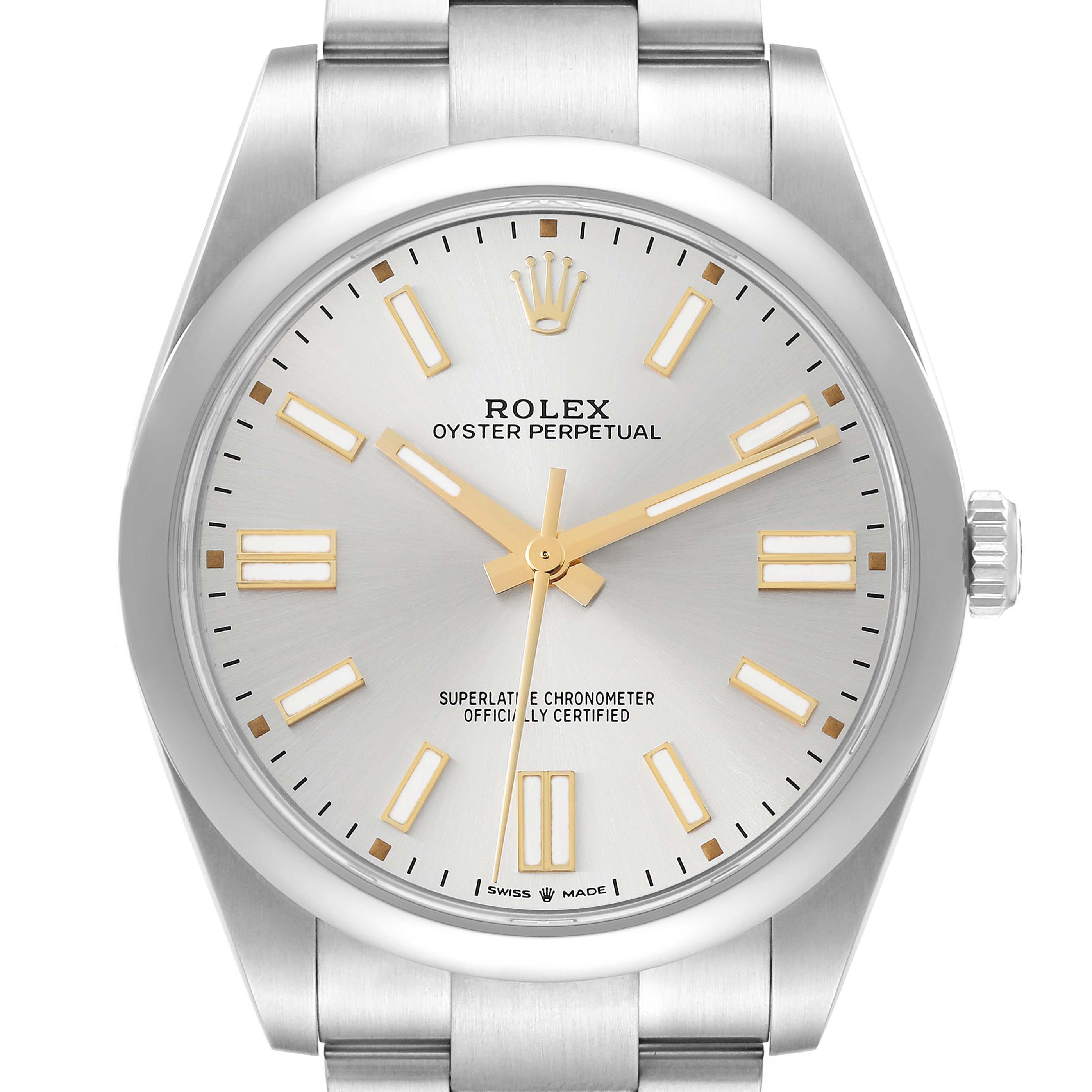 The Rolex Oyster Perpetual 124300 Men
s Stainless Steel Silver Dial 124300 Men
s Stainless Steel Silver Dial watch is shown from a front angle, displaying the face, hour markers, hands, and part of the bracelet.