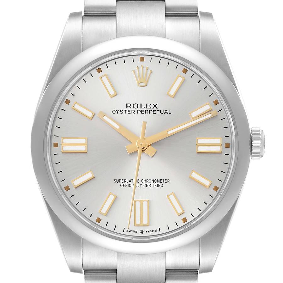 The Rolex Oyster Perpetual watch is shown from a front angle, displaying the face, hour markers, hands, and part of the bracelet.