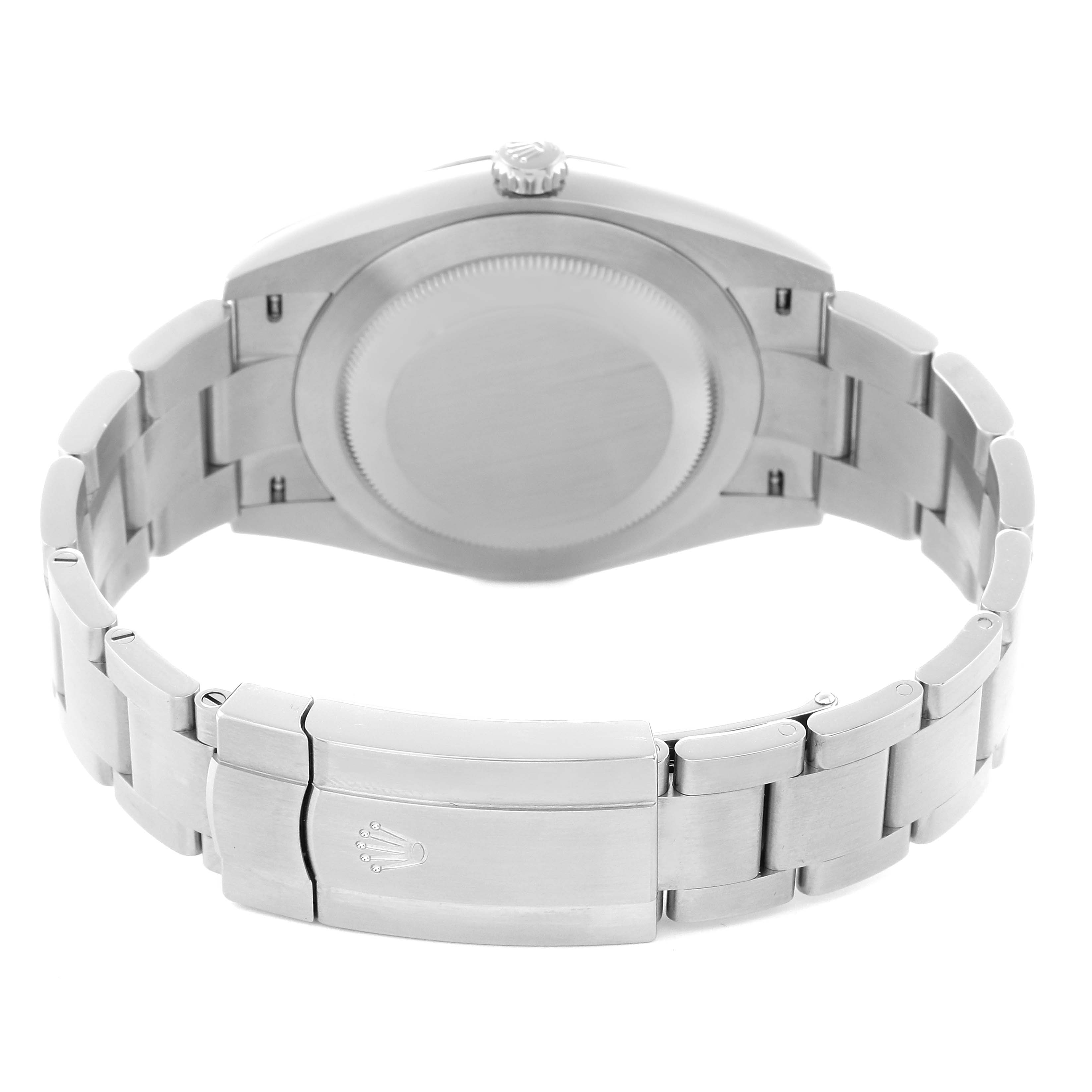 The image shows the back case and bracelet clasp of a Rolex Oyster Perpetual 124300 Men
s Stainless Steel Silver Dial 124300 Men
s Stainless Steel Silver Dial watch, viewed from the rear angle.