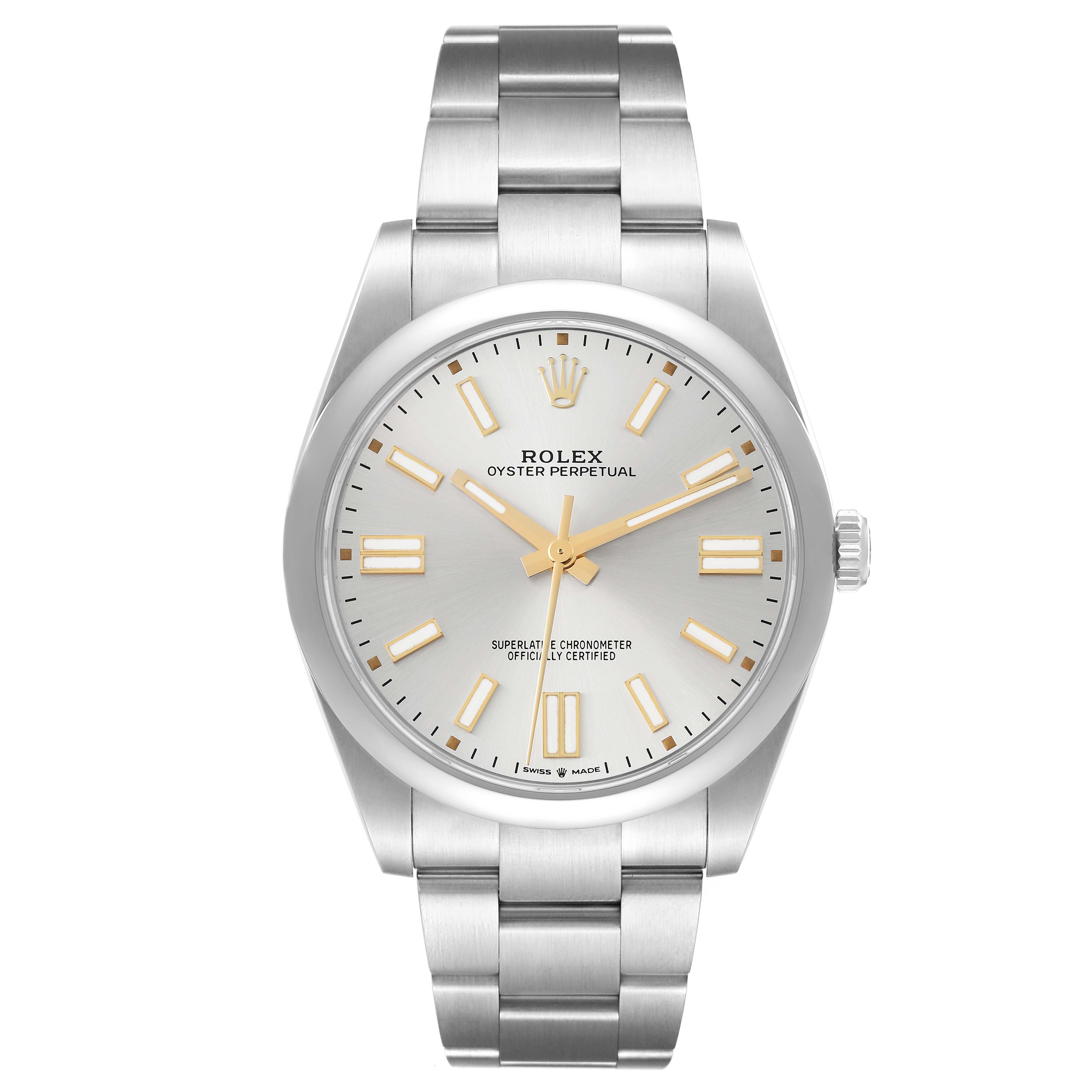 The Rolex Oyster Perpetual 124300 Men
s Stainless Steel Silver Dial 124300 Men
s Stainless Steel Silver Dial watch is shown from a front view, displaying the dial, hands, bracelet, and crown.