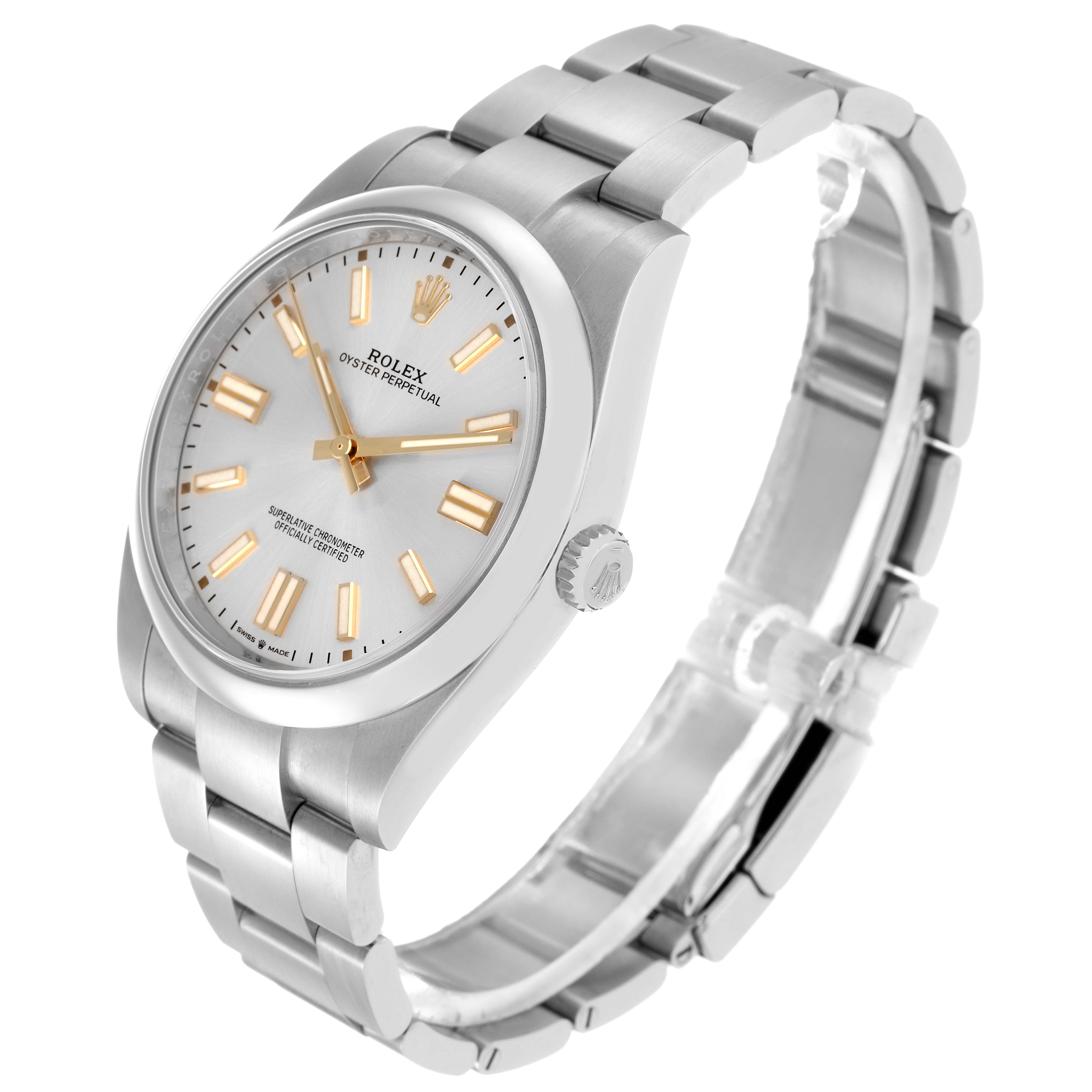 The Rolex Oyster Perpetual 124300 Men
s Stainless Steel Silver Dial 124300 Men
s Stainless Steel Silver Dial watch is shown at a three-quarter angle, displaying the face, bezel, crown, and bracelet.