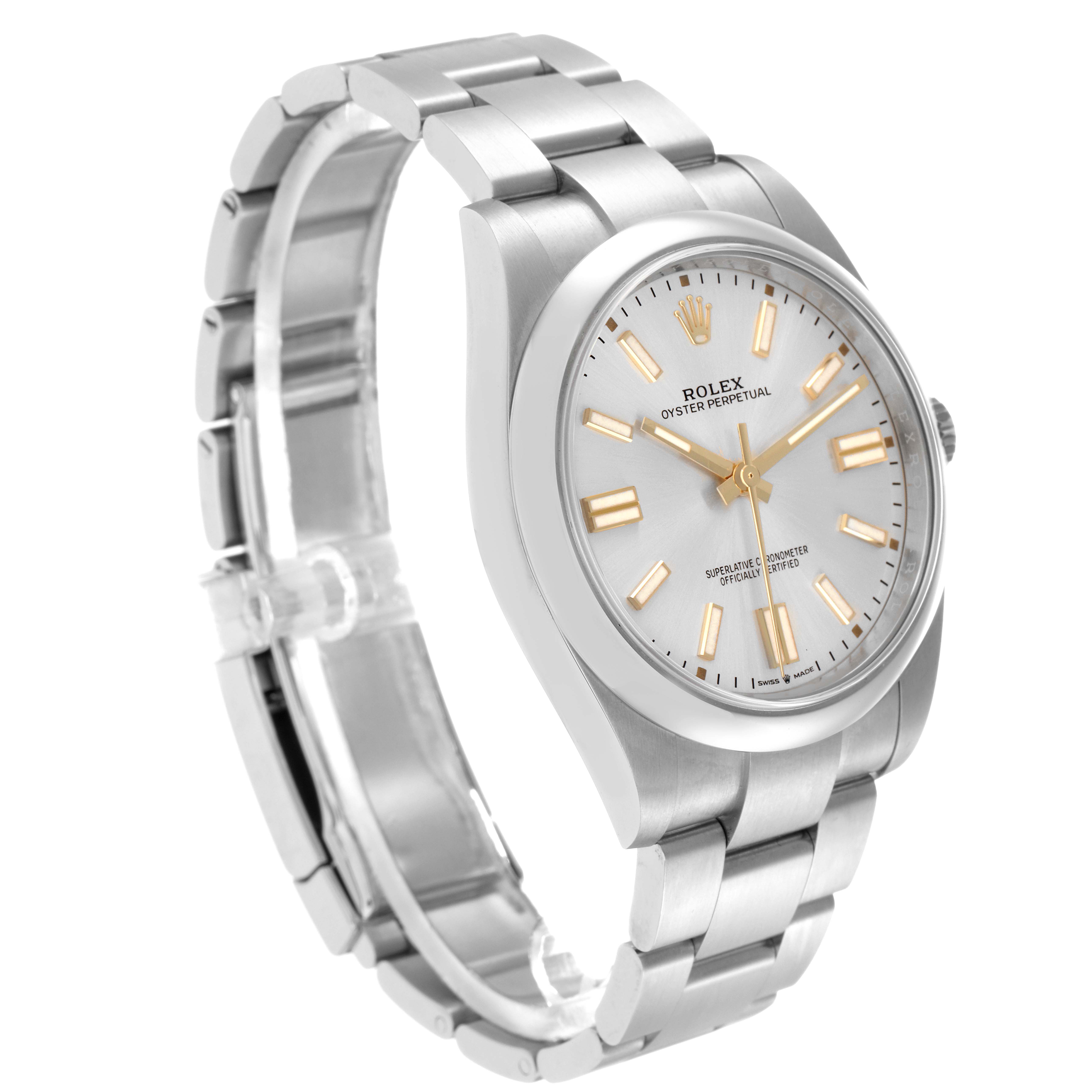 The Rolex Oyster Perpetual 124300 Men
s Stainless Steel Silver Dial 124300 Men
s Stainless Steel Silver Dial watch is shown at a slight angle displaying its dial, bezel, and full bracelet.
