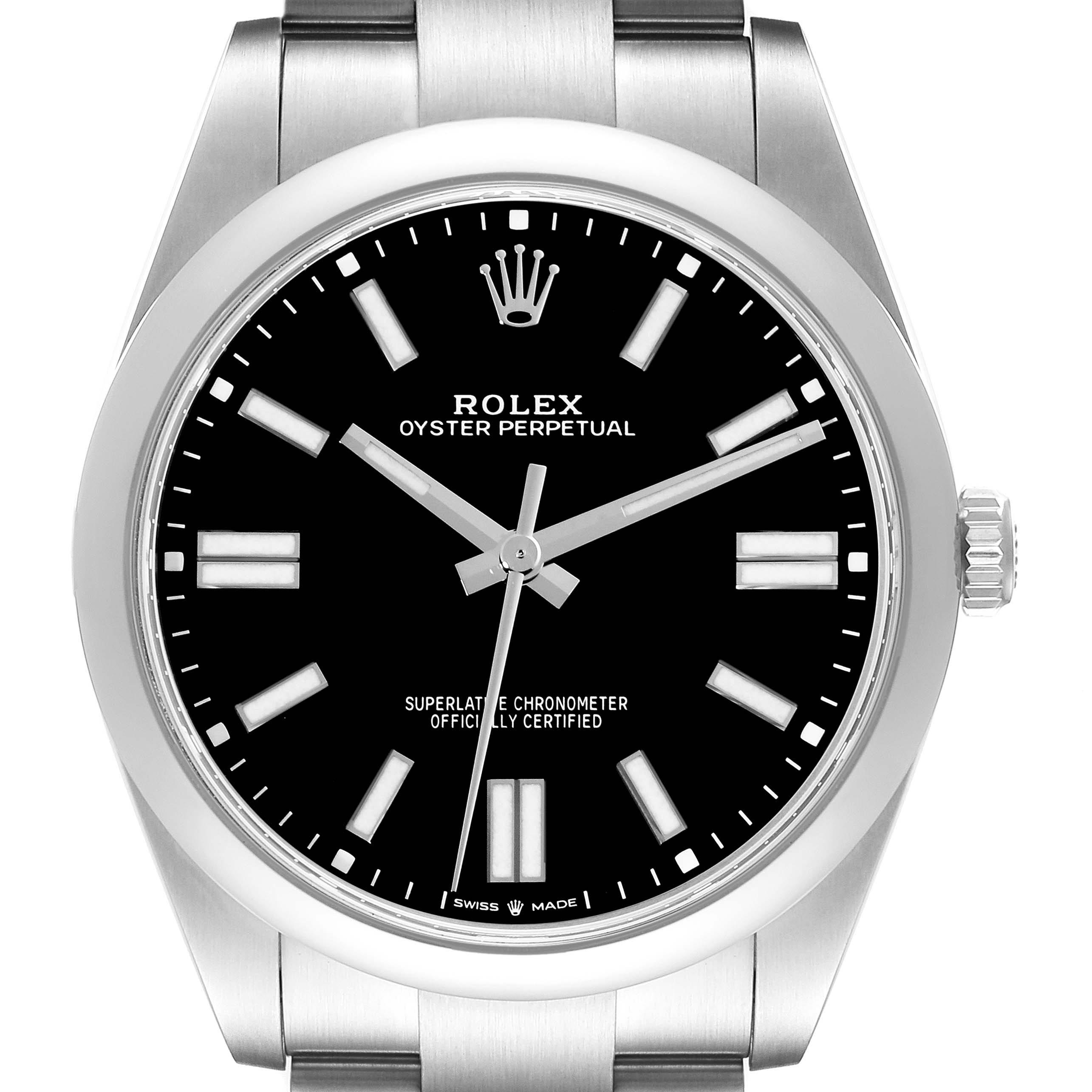 The image shows a Rolex Oyster Perpetual 124300 Men's Stainless Steel Black Dial 124300 Men's Stainless Steel Black Dial watch from a top-down angle, highlighting its black dial, silver hands, and stainless steel case.