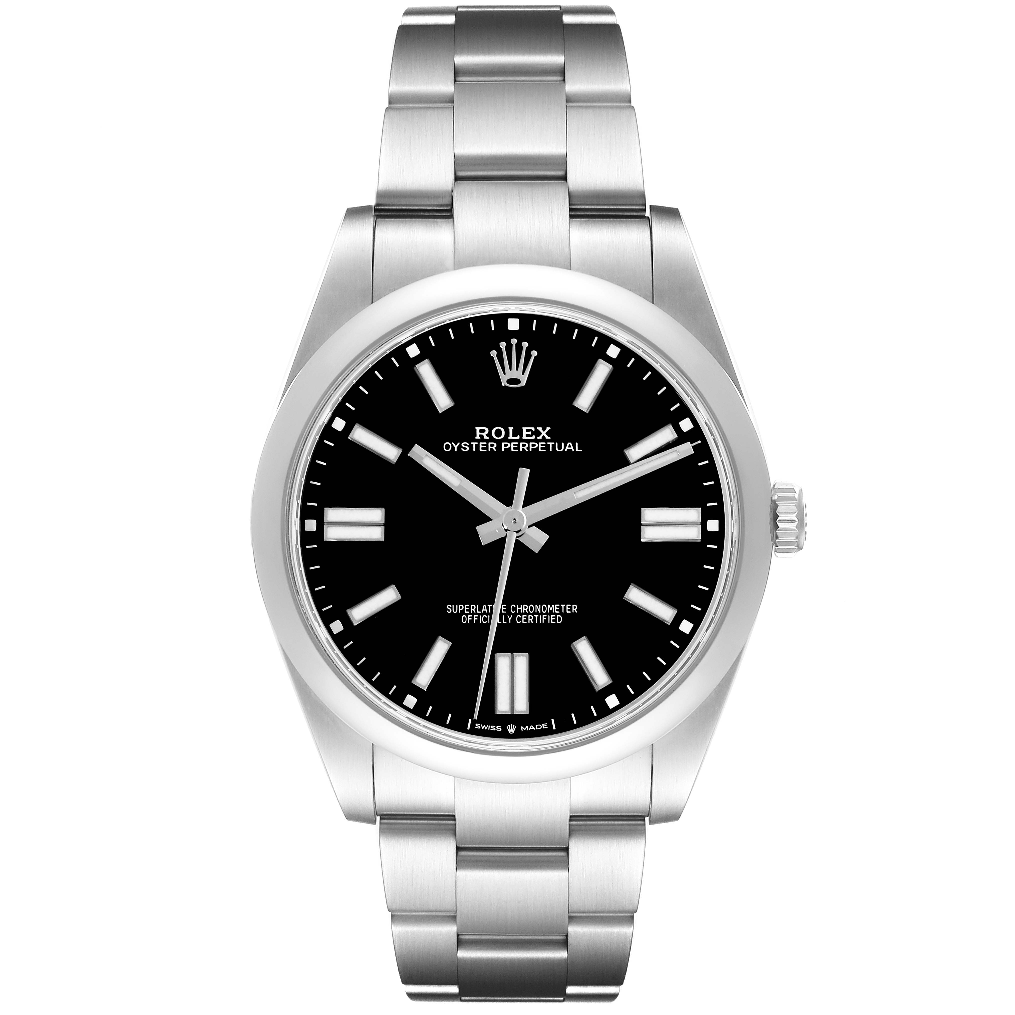 This image shows a front view of the Rolex Oyster Perpetual 124300 Men's Stainless Steel Black Dial 124300 Men's Stainless Steel Black Dial watch, displaying its face, bezel, and bracelet.