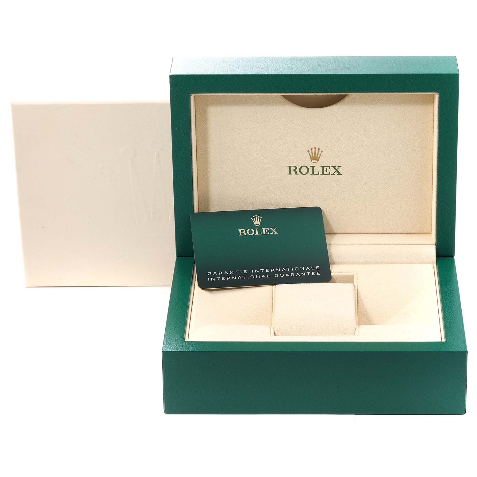 This image shows the open box and international guarantee card for a Rolex Oyster Perpetual 124300 Men's Stainless Steel Black Dial 124300 Men's Stainless Steel Black Dial watch.
