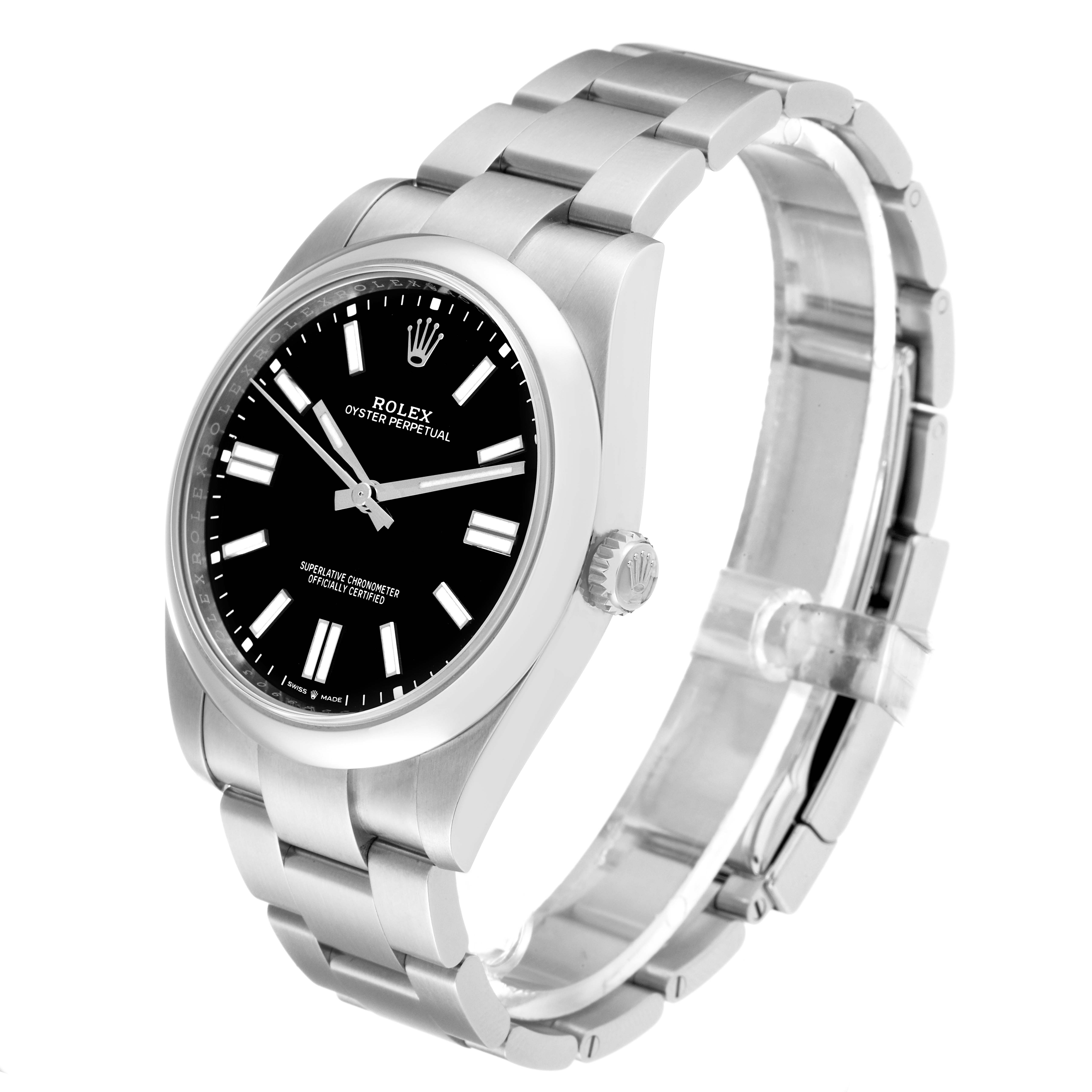 The image shows a Rolex Oyster Perpetual 124300 Men's Stainless Steel Black Dial 124300 Men's Stainless Steel Black Dial watch angled from the front, highlighting the dial, bezel, and metal bracelet.