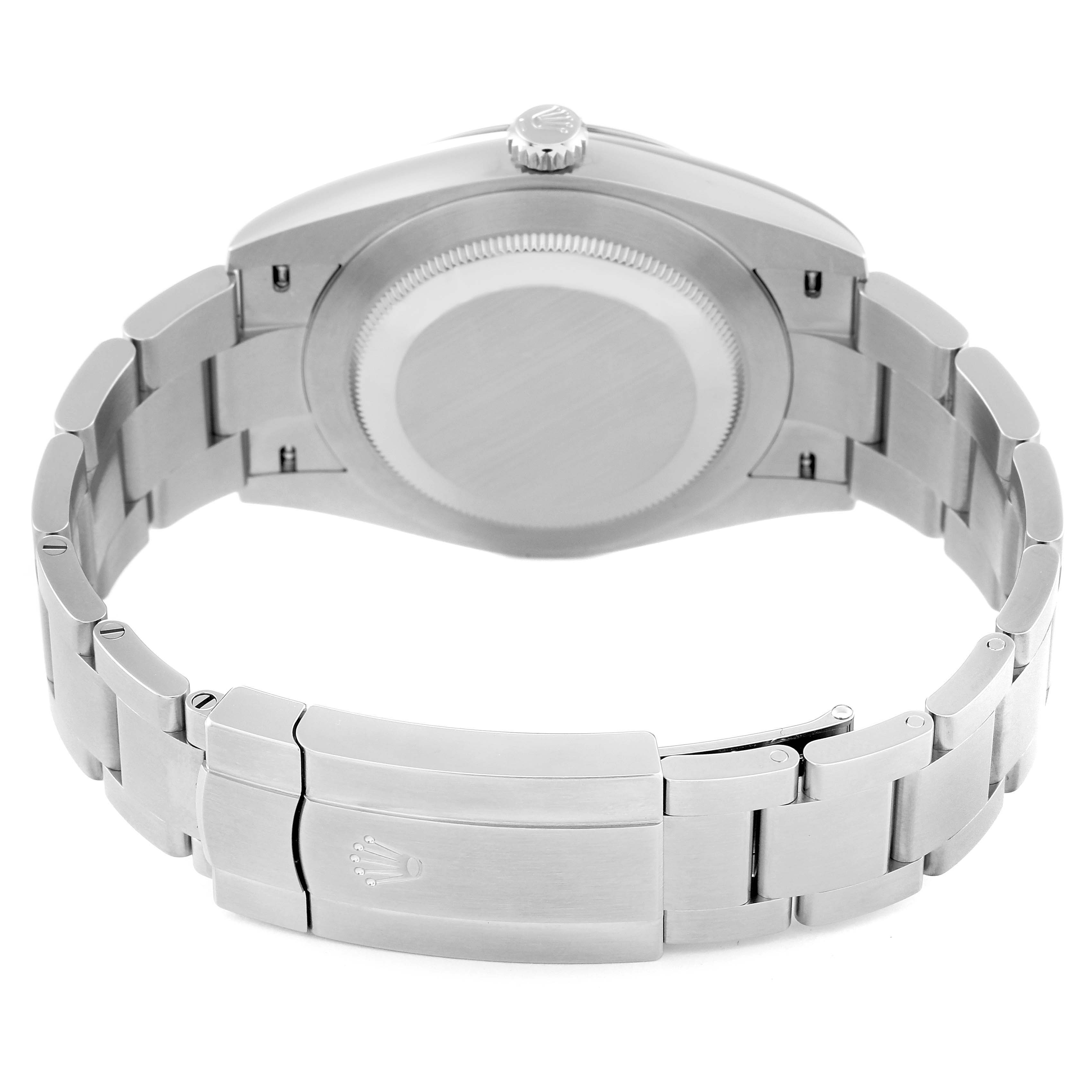 This image shows the back view of a Rolex Oyster Perpetual 124300 Men's Stainless Steel Black Dial 124300 Men's Stainless Steel Black Dial watch, including the case back, crown, and bracelet with the clasp.