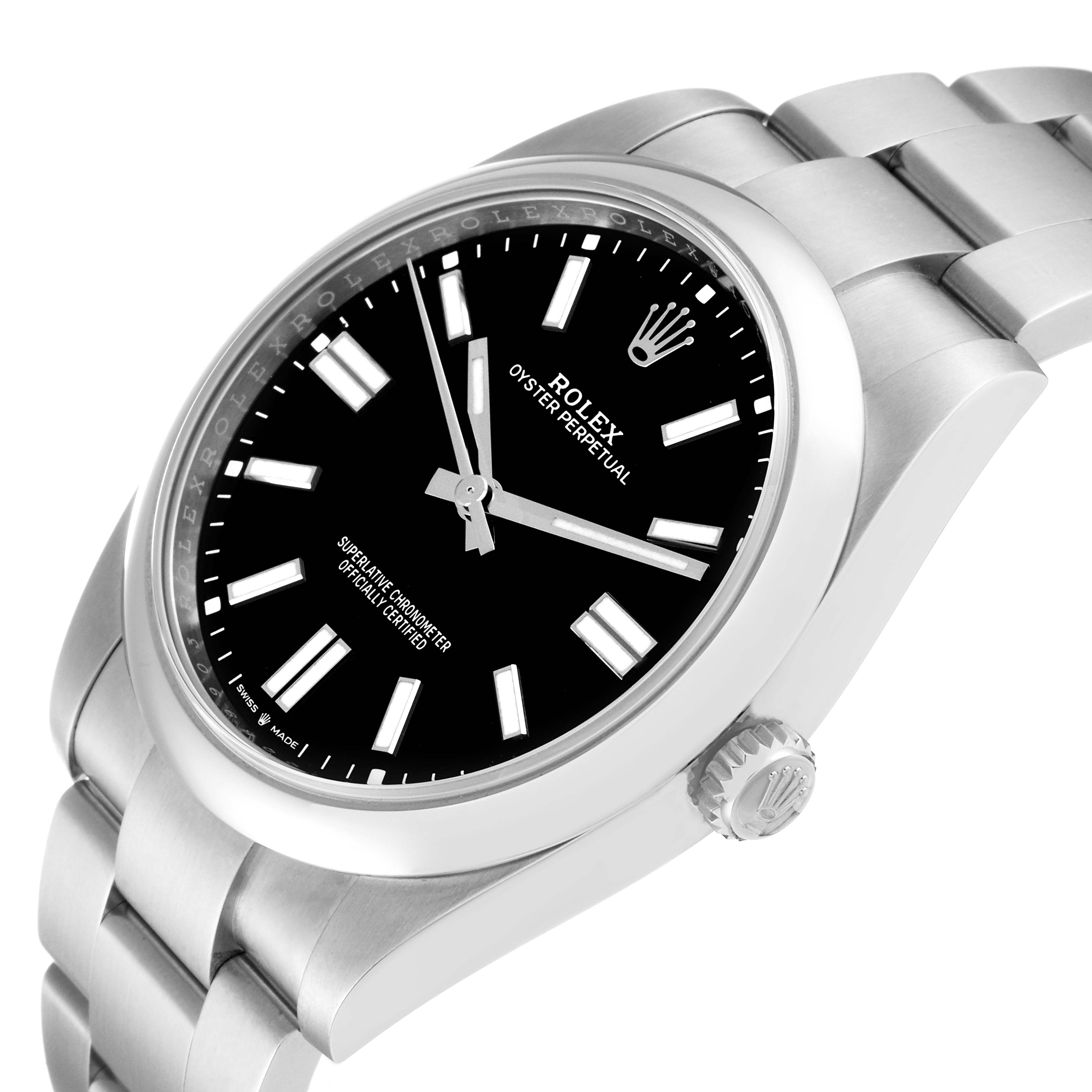 The Rolex Oyster Perpetual 124300 Men's Stainless Steel Black Dial 124300 Men's Stainless Steel Black Dial watch is shown from an angled front view, displaying the face, bezel, and part of the bracelet.