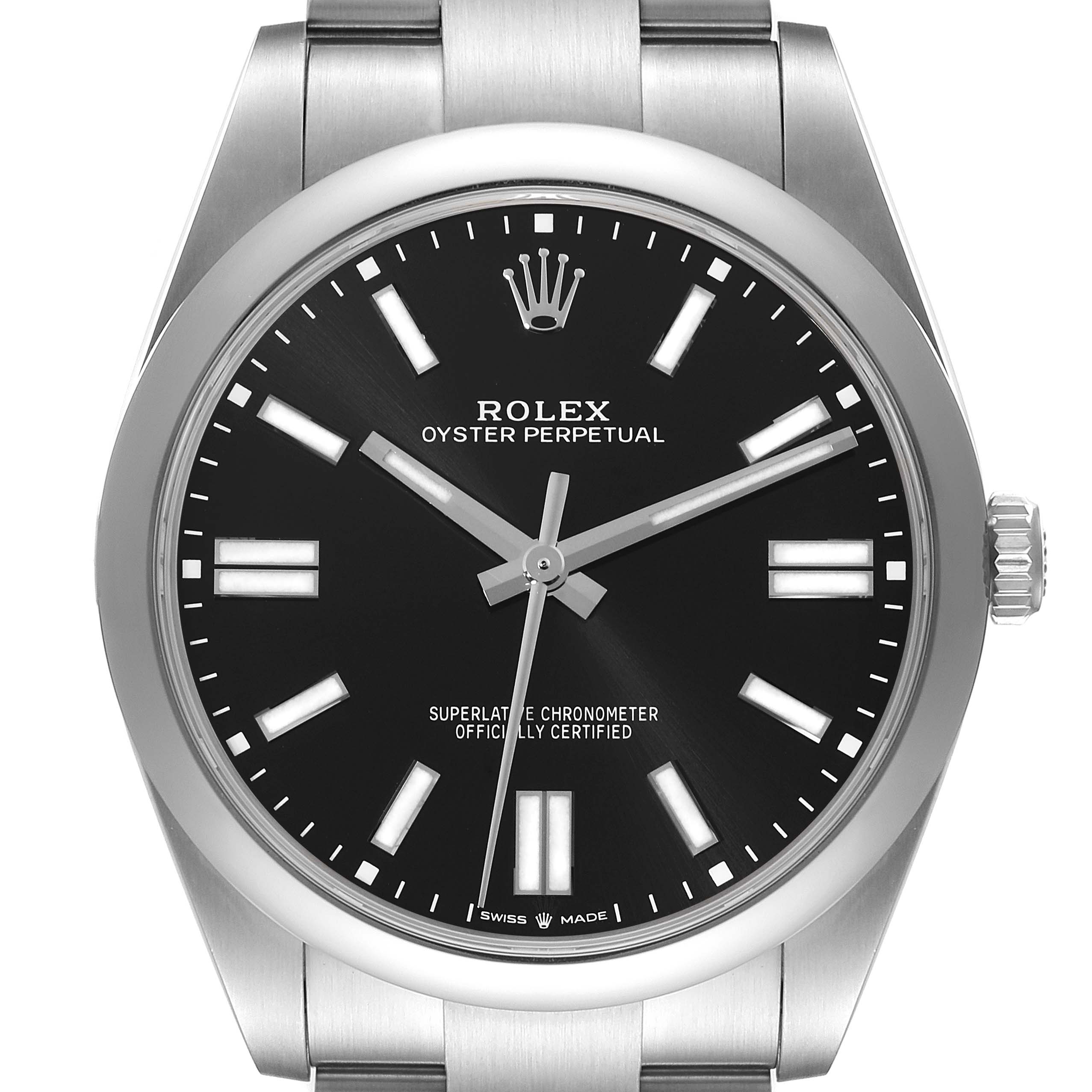 This image shows a front view of the Rolex Oyster Perpetual 124300 Men's Stainless Steel Black Dial 124300 Men's Stainless Steel Black Dial watch, highlighting its black dial, markers, and crown.