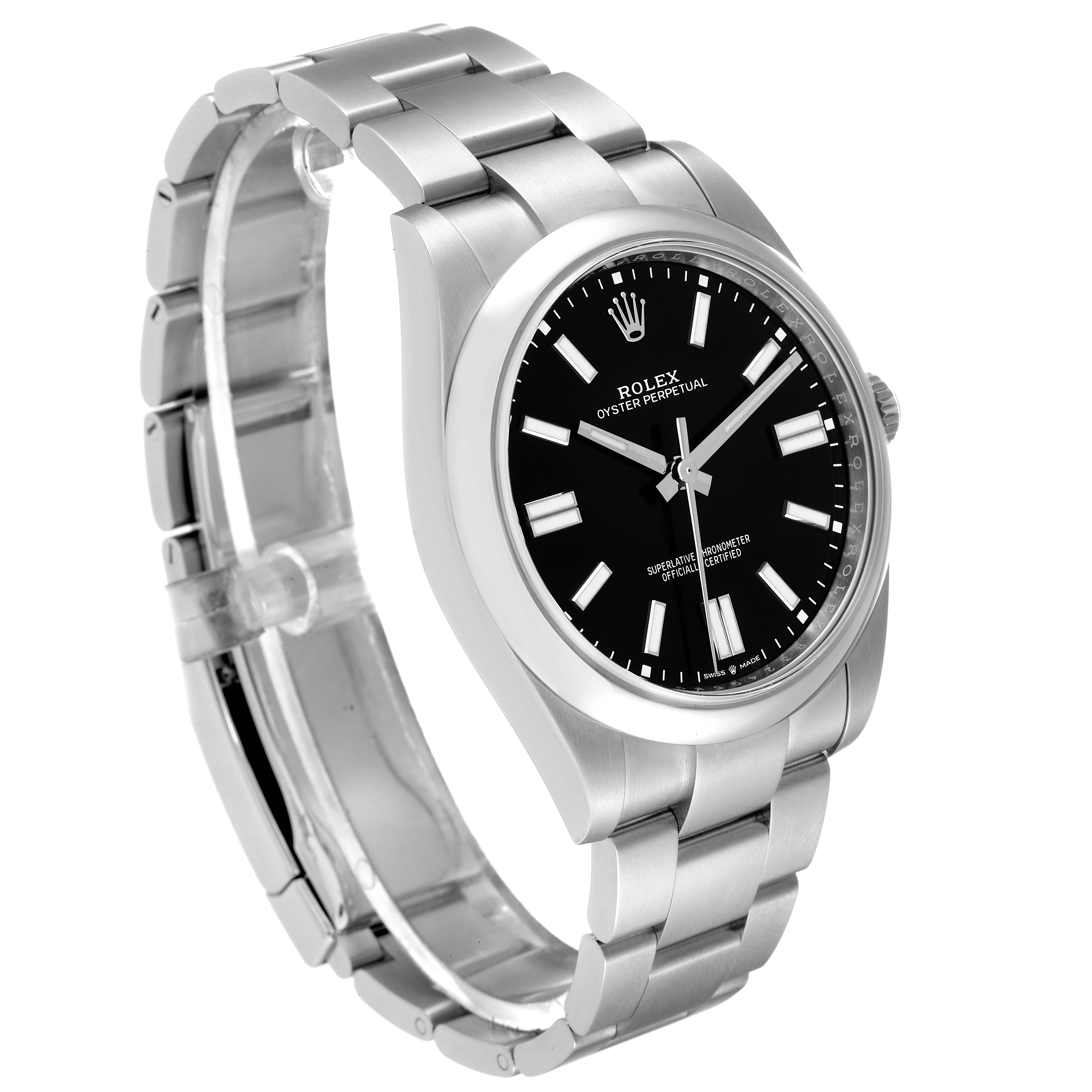 This image shows a Rolex Oyster Perpetual 124300 Men's Stainless Steel Black Dial 124300 Men's Stainless Steel Black Dial watch at a 3/4 angle, displaying its face, bezel, and bracelet.