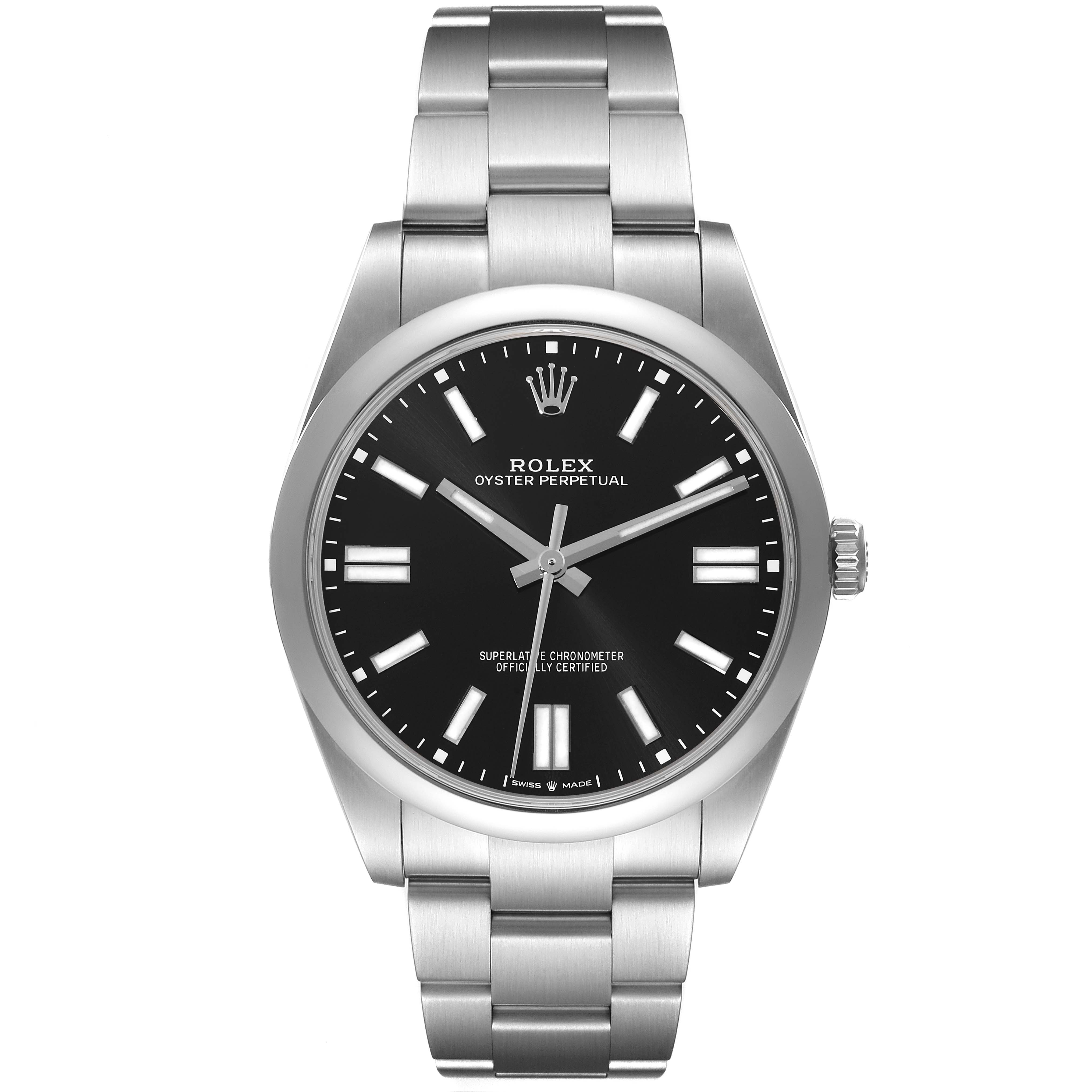The image shows a Rolex Oyster Perpetual 124300 Men's Stainless Steel Black Dial 124300 Men's Stainless Steel Black Dial watch from the front, displaying the dial, case, crown, and bracelet.