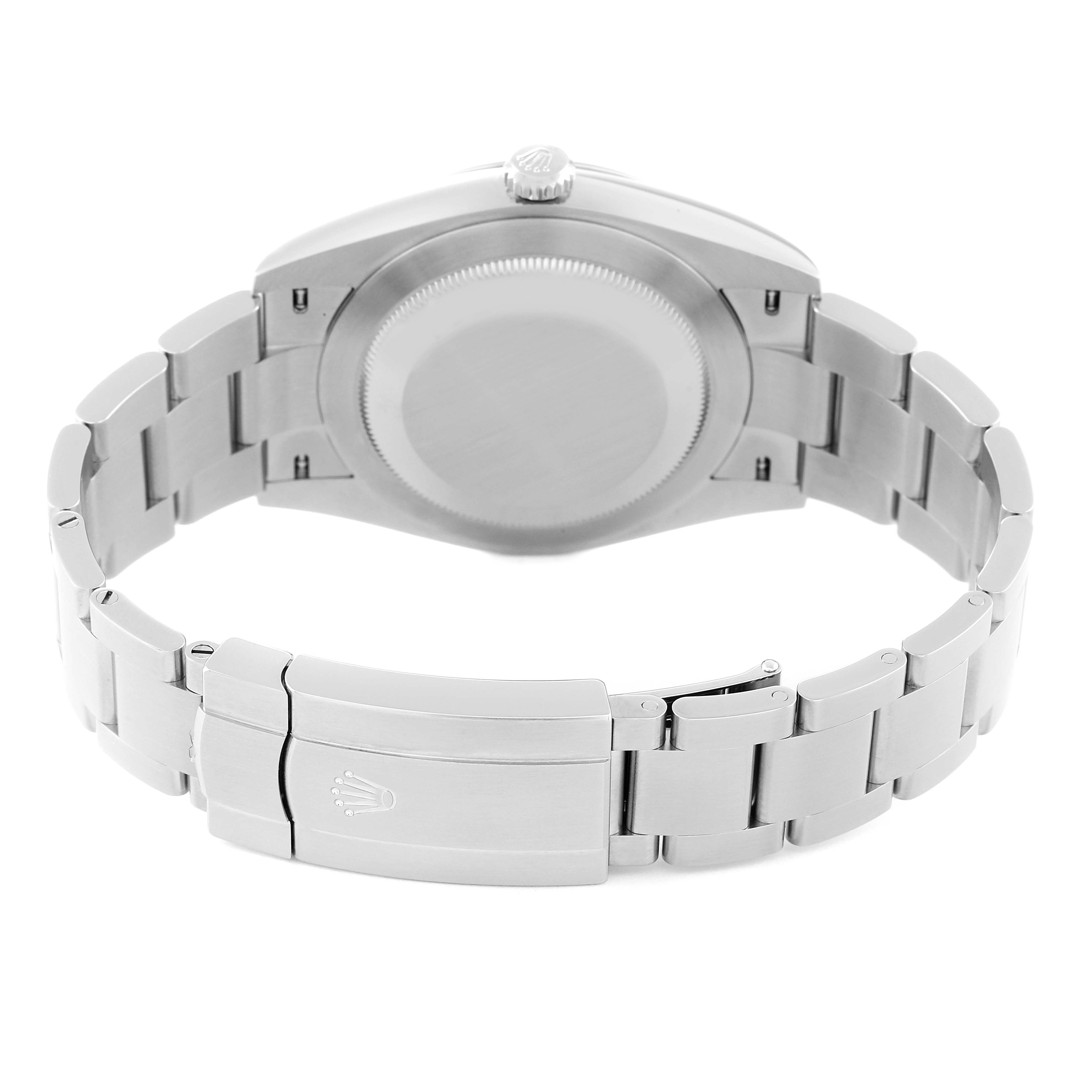 The image shows the back view of the Rolex Oyster Perpetual 124300 Men's Stainless Steel Black Dial 124300 Men's Stainless Steel Black Dial's case and bracelet, highlighting the clasp and case back.