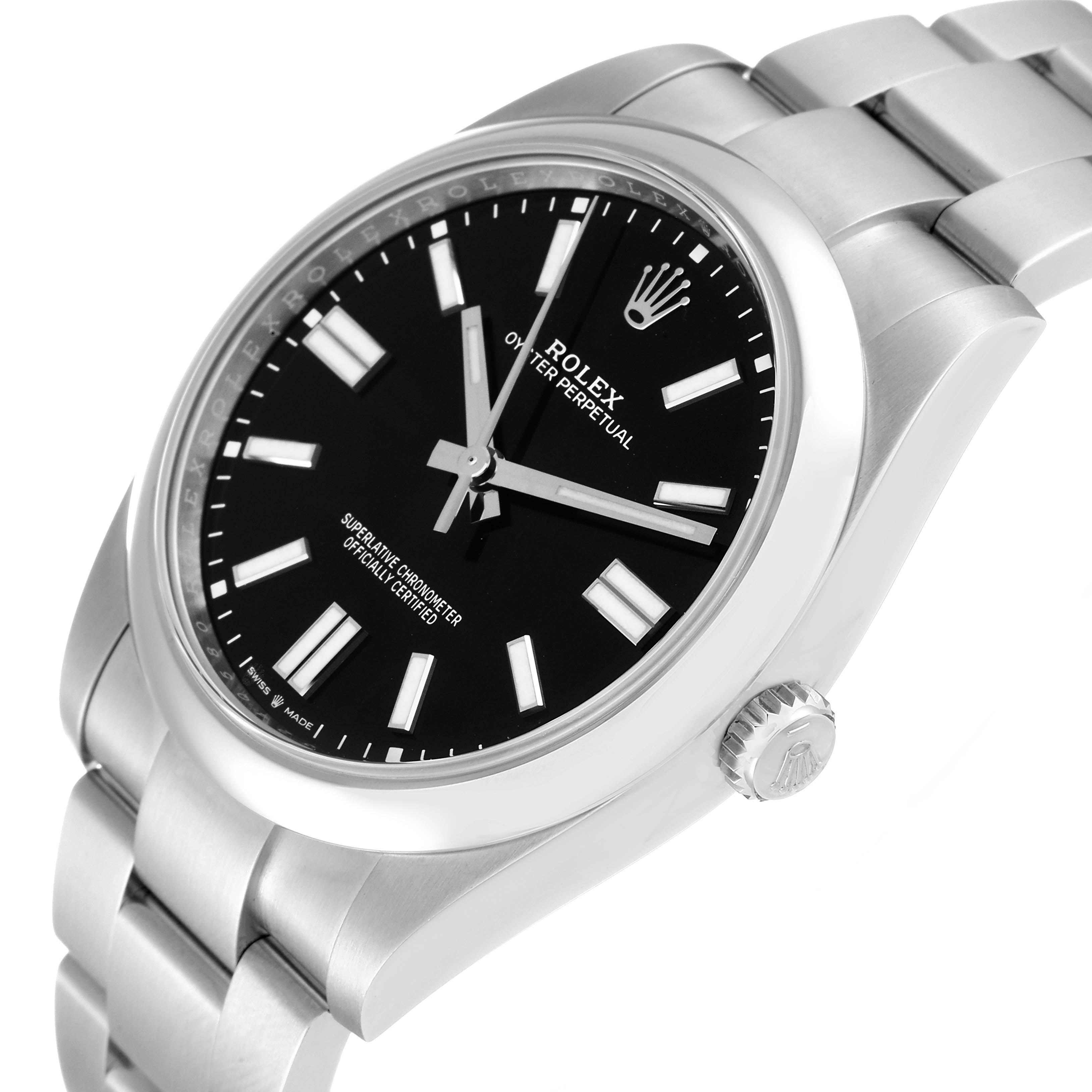 The image shows a side-angle view of the Rolex Oyster Perpetual 124300 Men's Stainless Steel Black Dial 124300 Men's Stainless Steel Black Dial watch, highlighting the dial, case, bracelet, and crown.