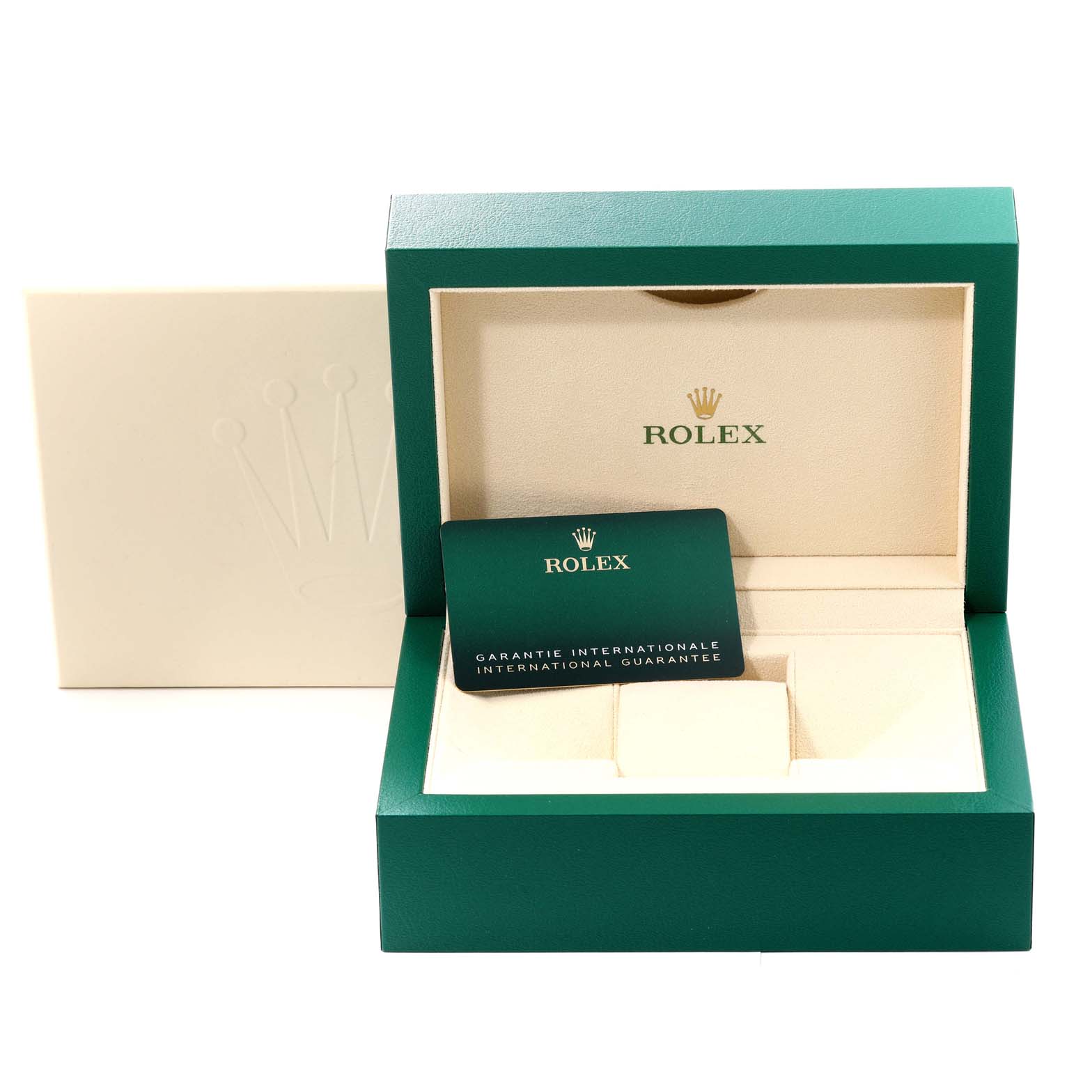 The image shows the packaging of a Rolex Oyster Perpetual 124300 Men's Stainless Steel Black Dial 124300 Men's Stainless Steel Black Dial with an open box and guarantee card.