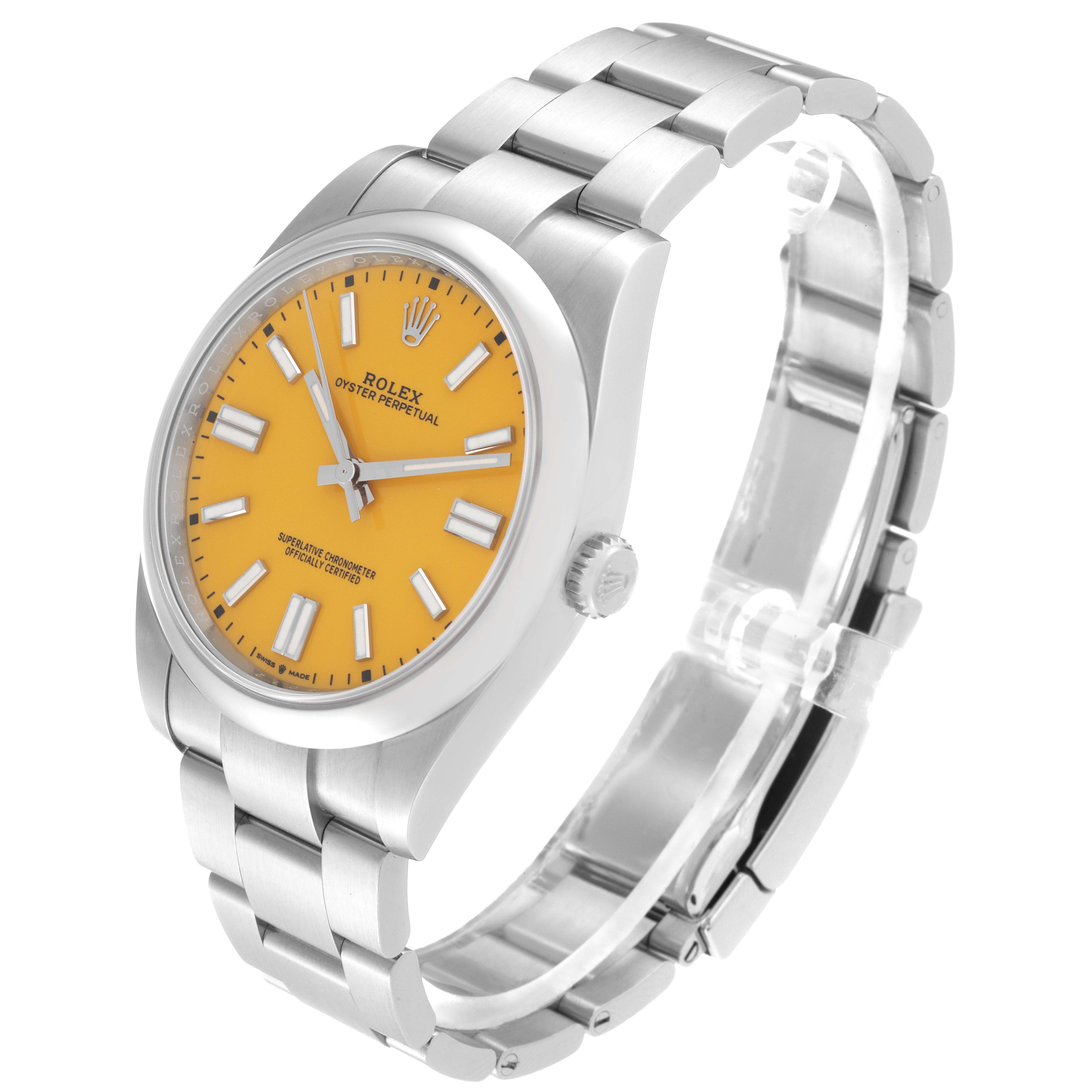 The Rolex Oyster Perpetual 124300 Men
s Stainless Steel Yellow Dial 124300 Men
s Stainless Steel Yellow Dial watch is shown at a three-quarter angle, highlighting its yellow dial, crown, and metallic bracelet.