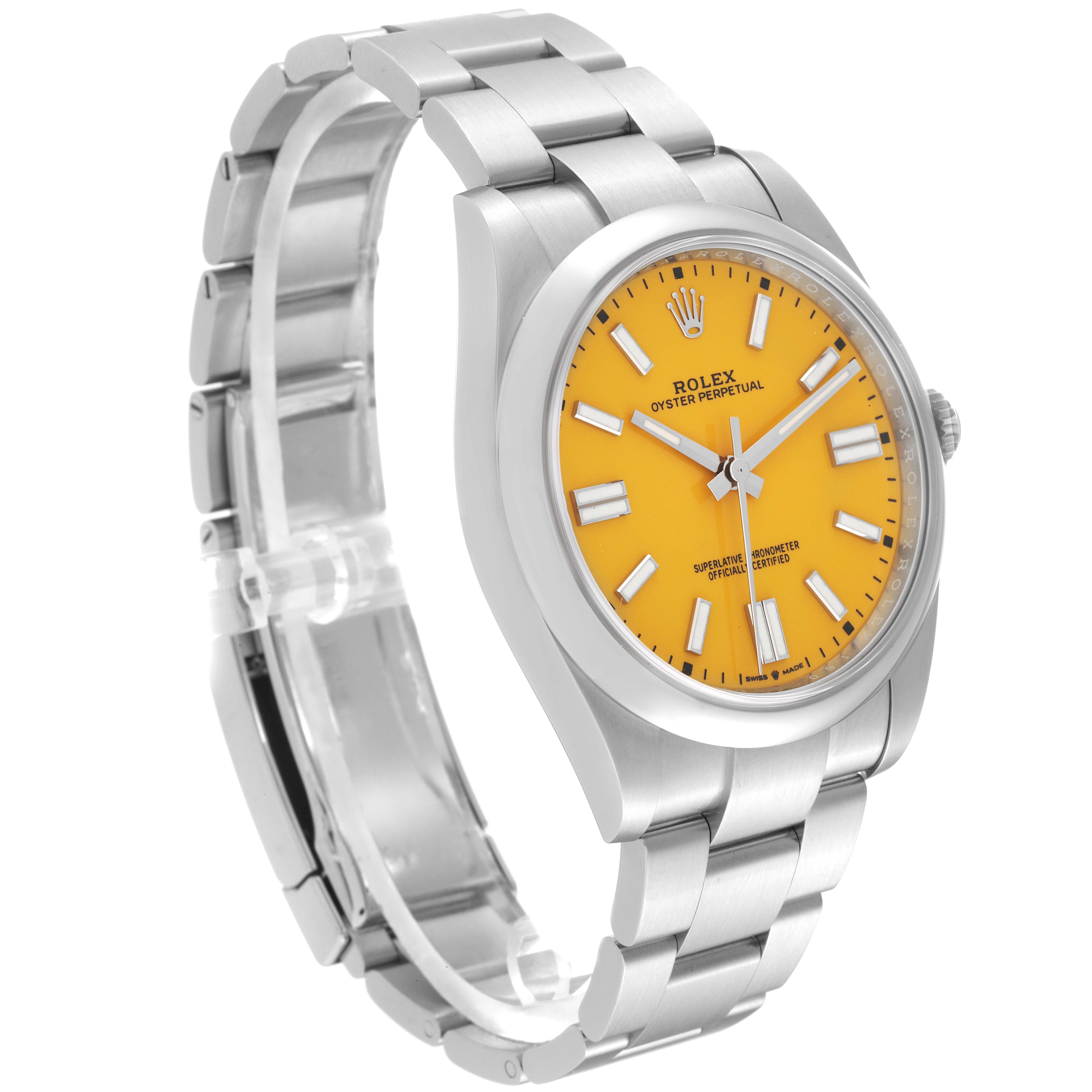 This image shows a side angle of a Rolex Oyster Perpetual 124300 Men
s Stainless Steel Yellow Dial 124300 Men
s Stainless Steel Yellow Dial watch, highlighting its yellow dial and metal bracelet.
