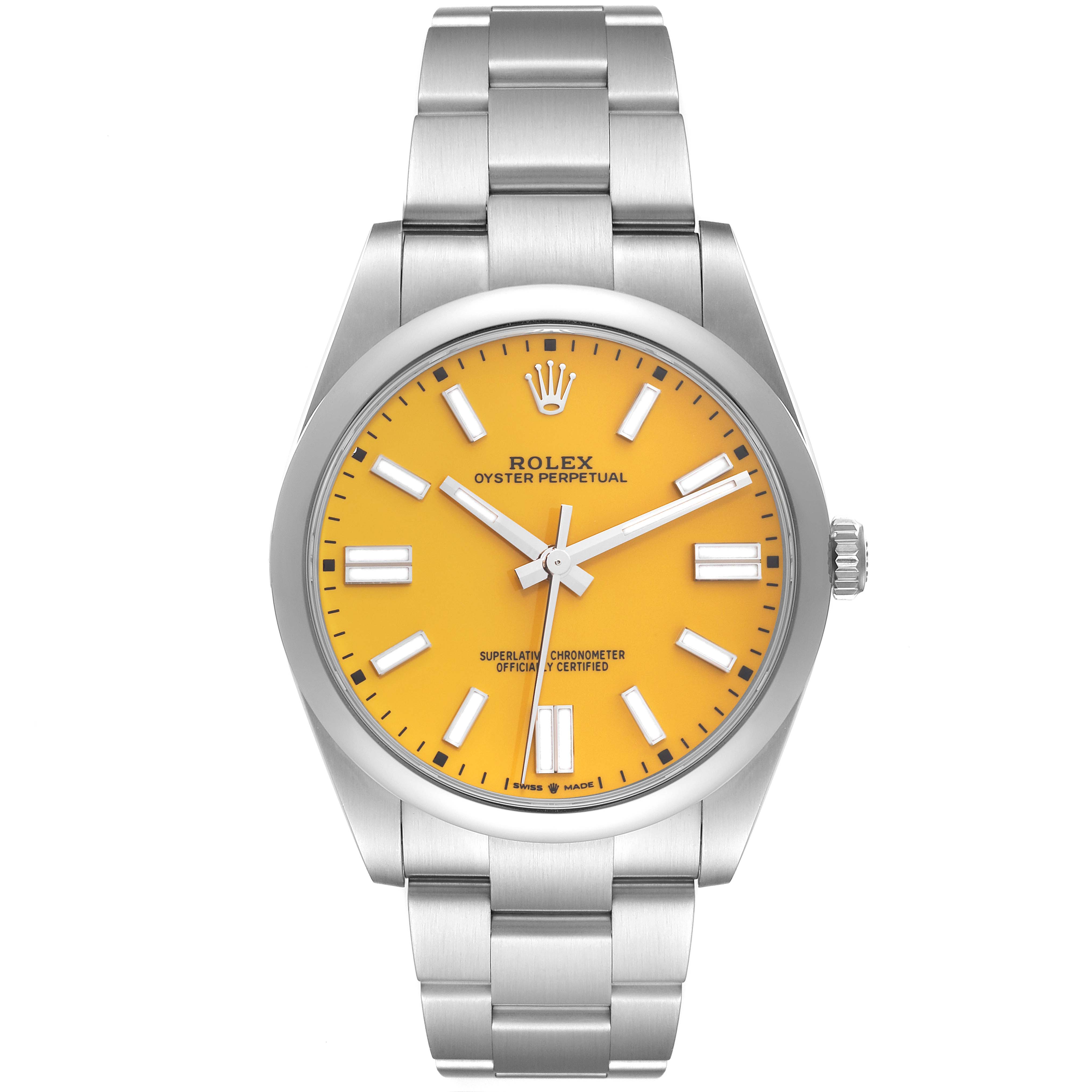This image shows a front view of a Rolex Oyster Perpetual 124300 Men
s Stainless Steel Yellow Dial 124300 Men
s Stainless Steel Yellow Dial watch with a yellow dial and a stainless steel bracelet.