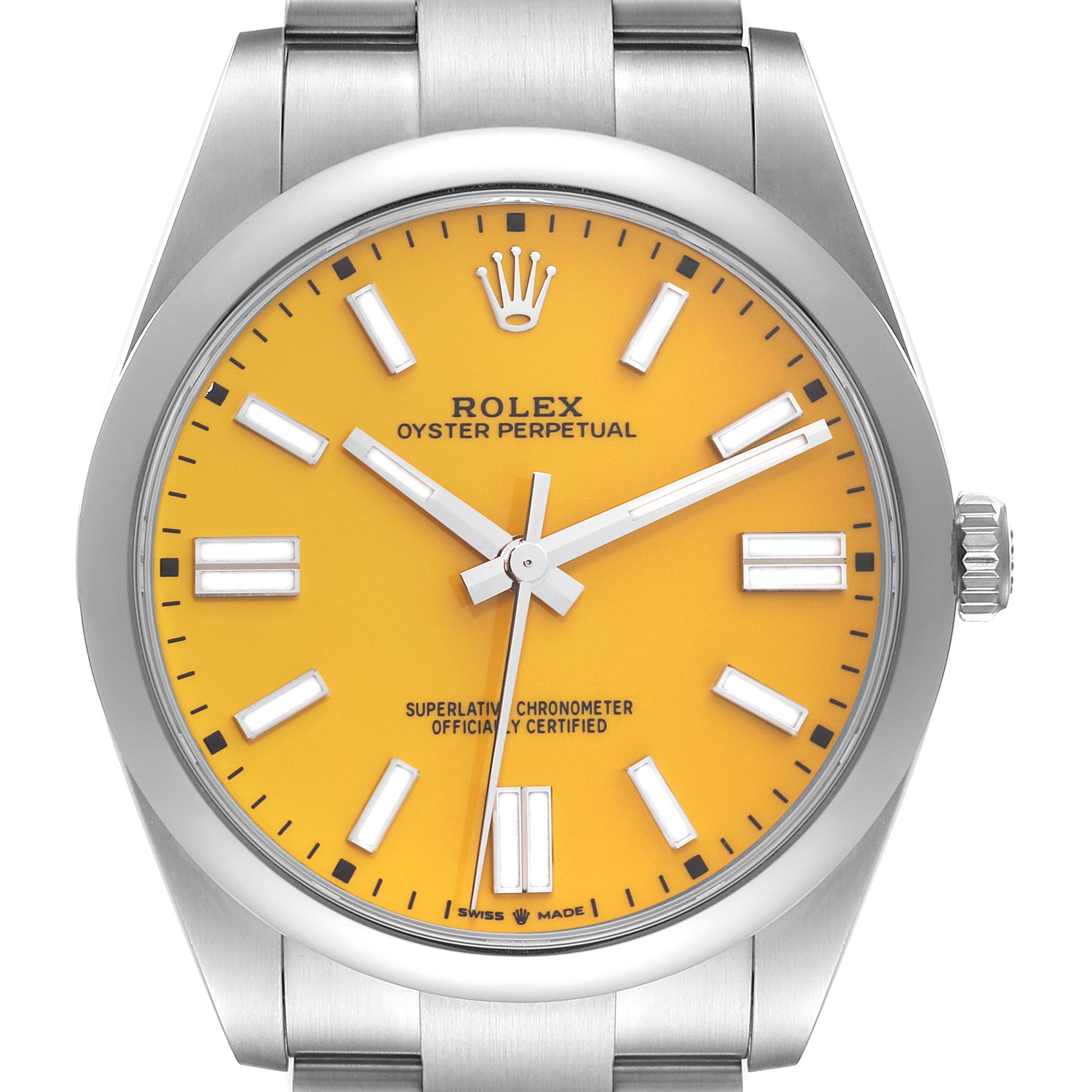 This image shows a front view of the Rolex Oyster Perpetual 124300 Men
s Stainless Steel Yellow Dial 124300 Men
s Stainless Steel Yellow Dial watch, displaying its yellow dial and silver hour markers and hands.