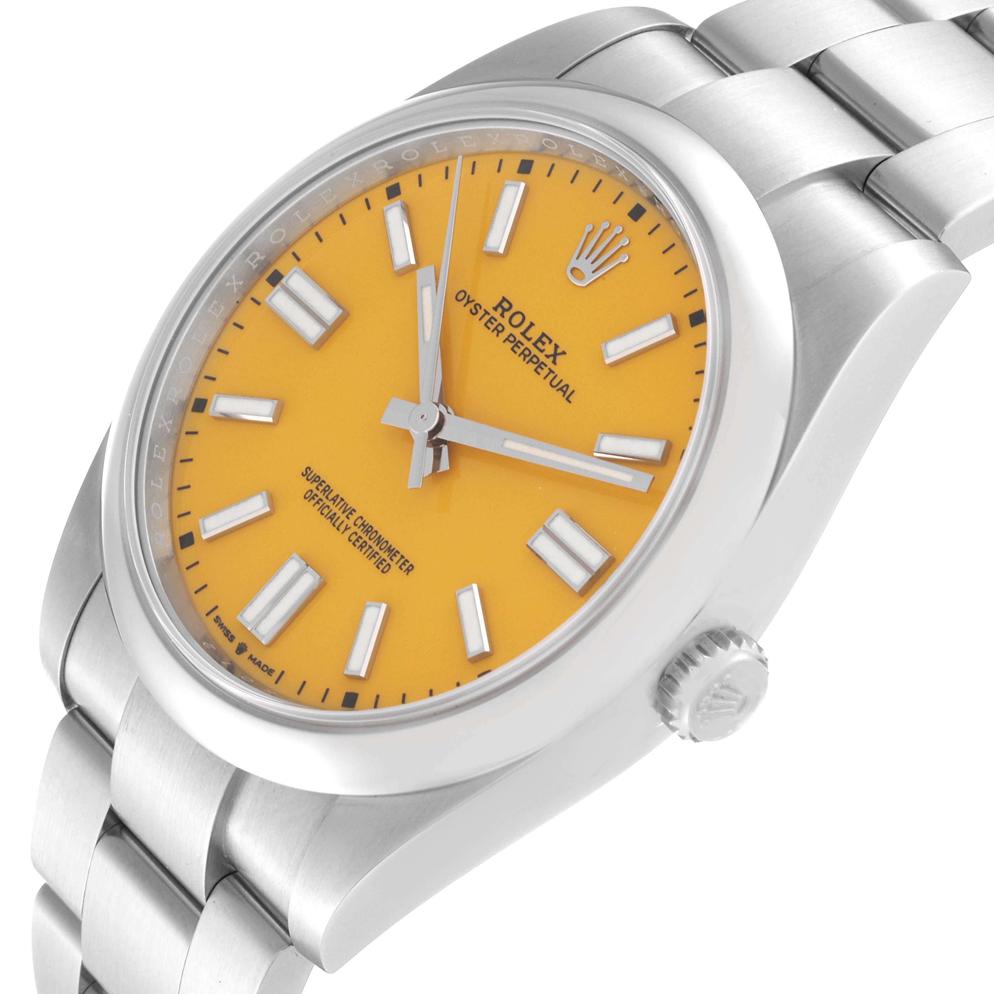 The image shows a close-up, angled view of the Rolex Oyster Perpetual 124300 Men
s Stainless Steel Yellow Dial 124300 Men
s Stainless Steel Yellow Dial watch, featuring its yellow dial and metallic bracelet.