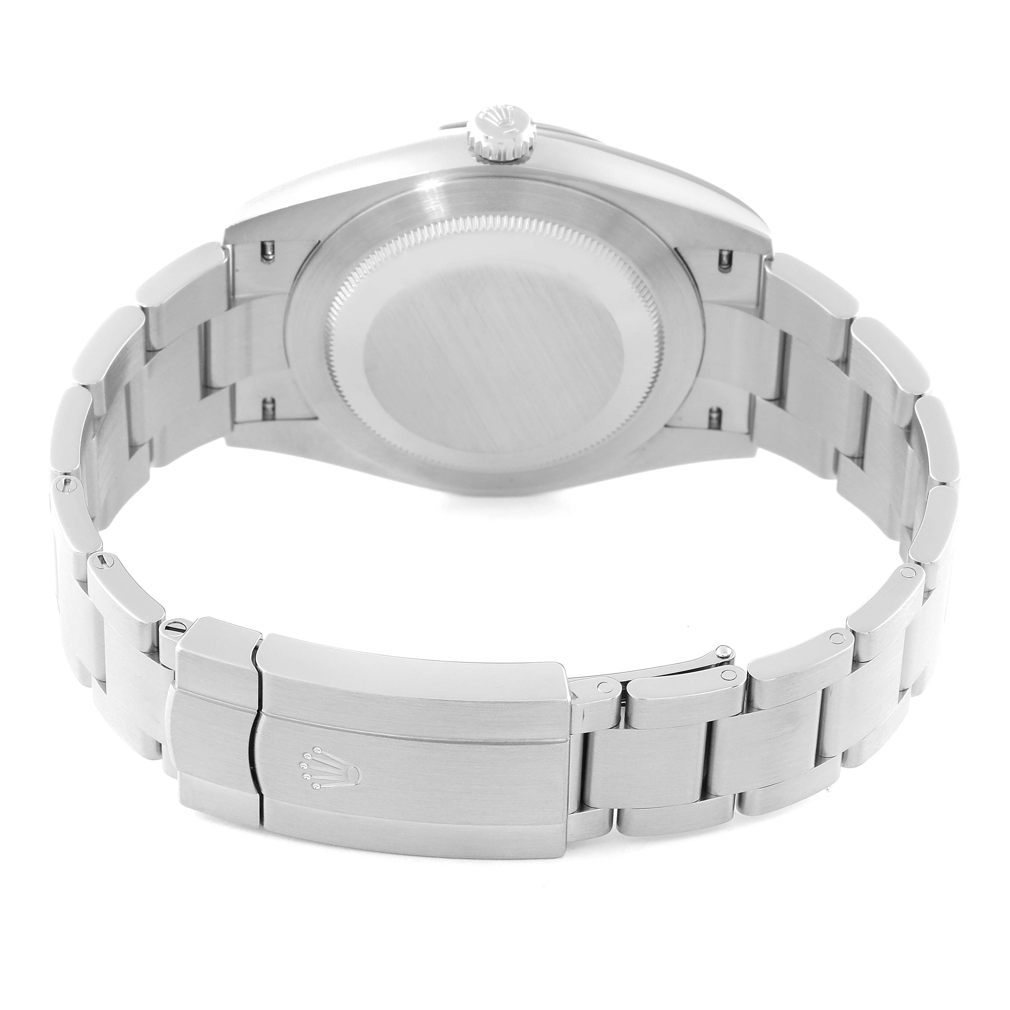 The image shows the back case and bracelet clasp of a Rolex Oyster Perpetual 124300 Men
s Stainless Steel Yellow Dial 124300 Men
s Stainless Steel Yellow Dial watch, viewed from the rear.