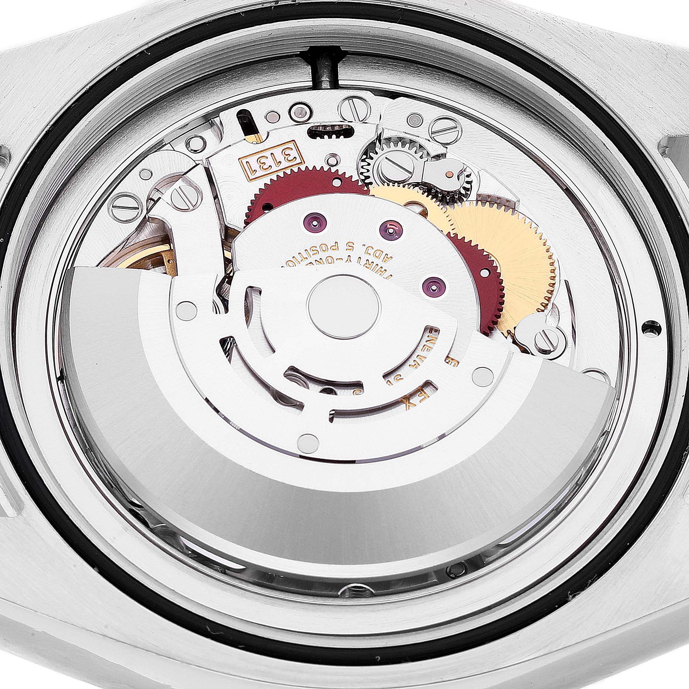 This image shows the internal mechanism and movement of a Rolex Air-King 116900 Men's Stainless Steel Black Dial 116900 Men's Stainless Steel Black Dial watch from a top-down angle.