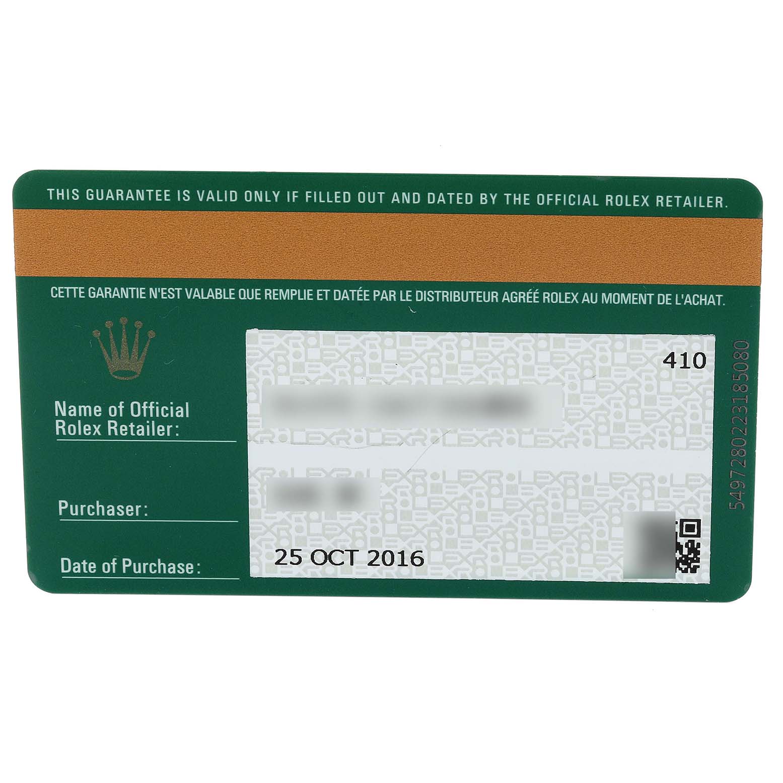 This image shows the guarantee card for a Rolex Air-King 116900 Men's Stainless Steel Black Dial 116900 Men's Stainless Steel Black Dial watch taken from a top-down angle.