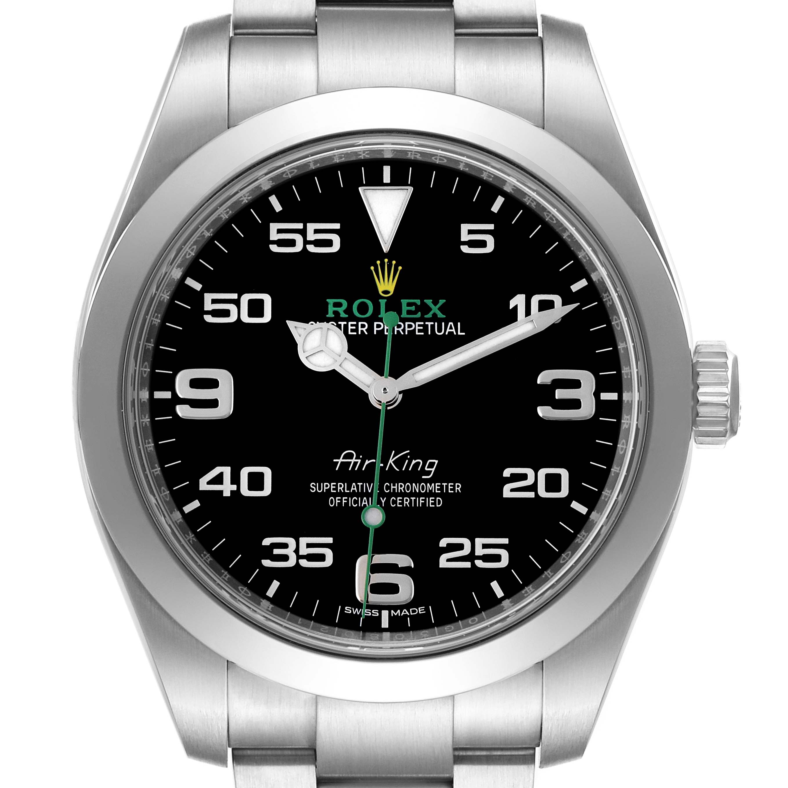 The image shows a front view of a Rolex Air-King 116900 Men's Stainless Steel Black Dial 116900 Men's Stainless Steel Black Dial watch featuring its black dial and stainless steel bracelet.