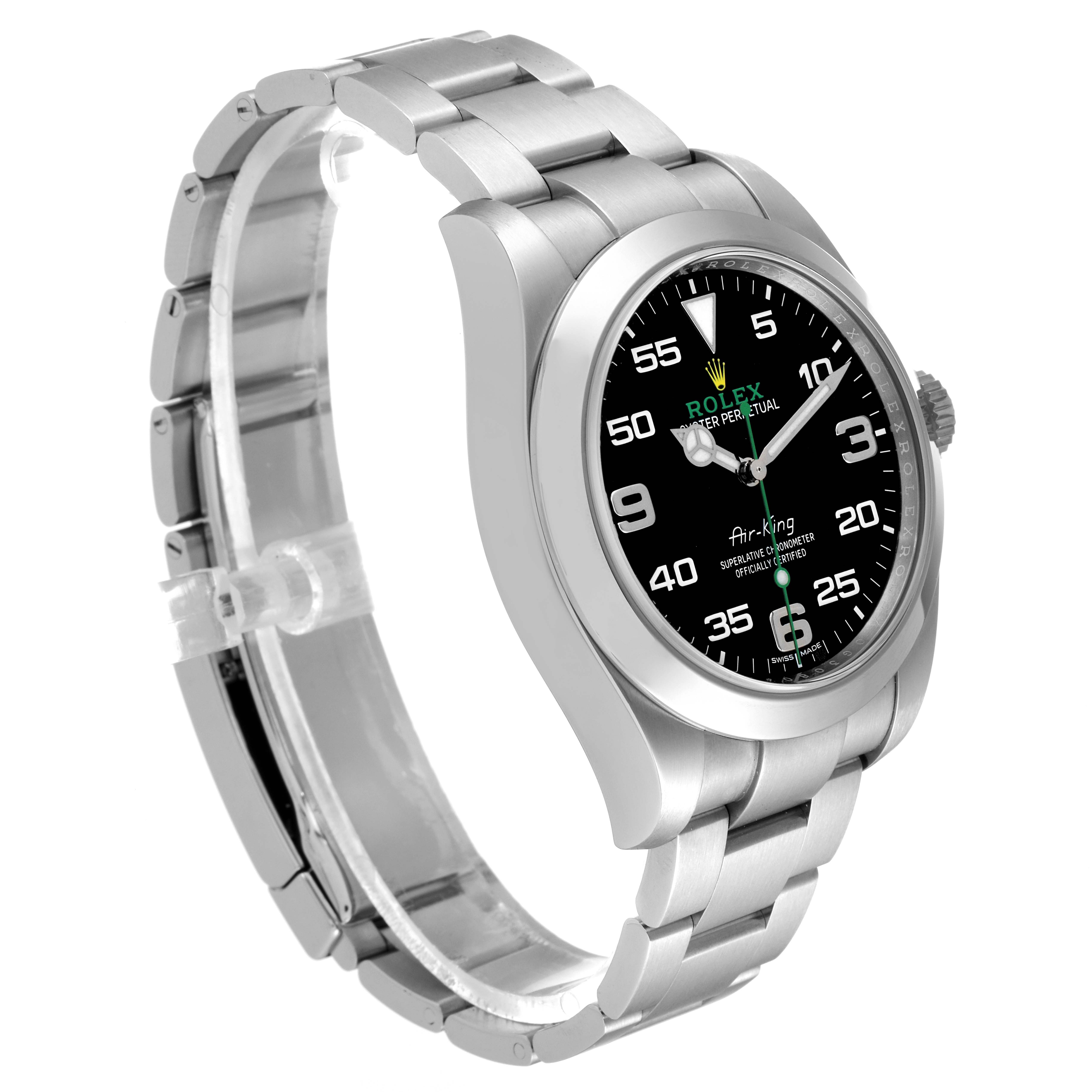 The image shows a side view of the Rolex Air-King 116900 Men's Stainless Steel Black Dial 116900 Men's Stainless Steel Black Dial watch, including the bracelet, case, and dial.