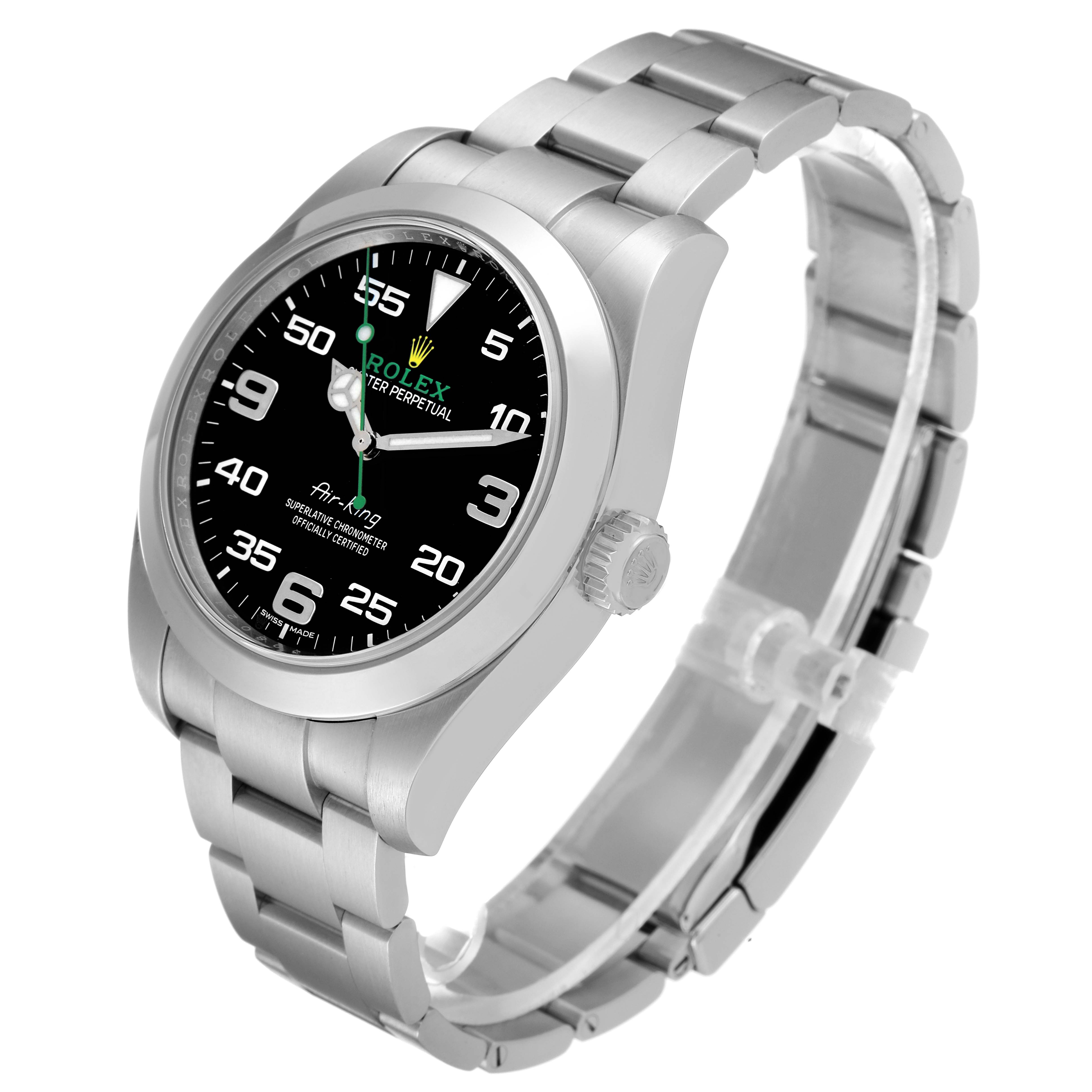 This image shows a side and front angle of a Rolex Air-King 116900 Men's Stainless Steel Black Dial 116900 Men's Stainless Steel Black Dial watch, highlighting its black dial, metal bracelet, and crown.