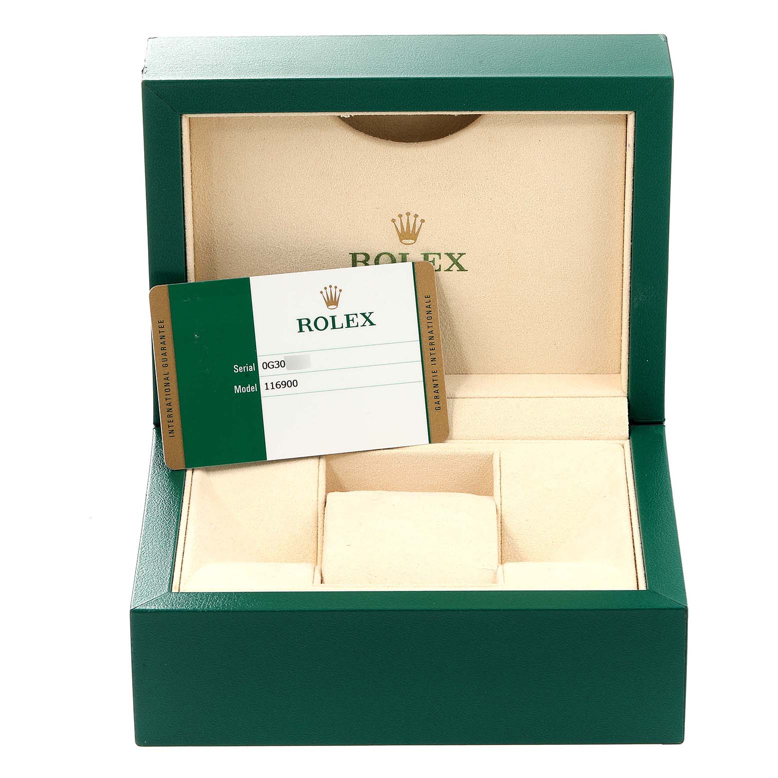The image shows an open green Rolex watch box for the Air-King model, displaying the warranty card.