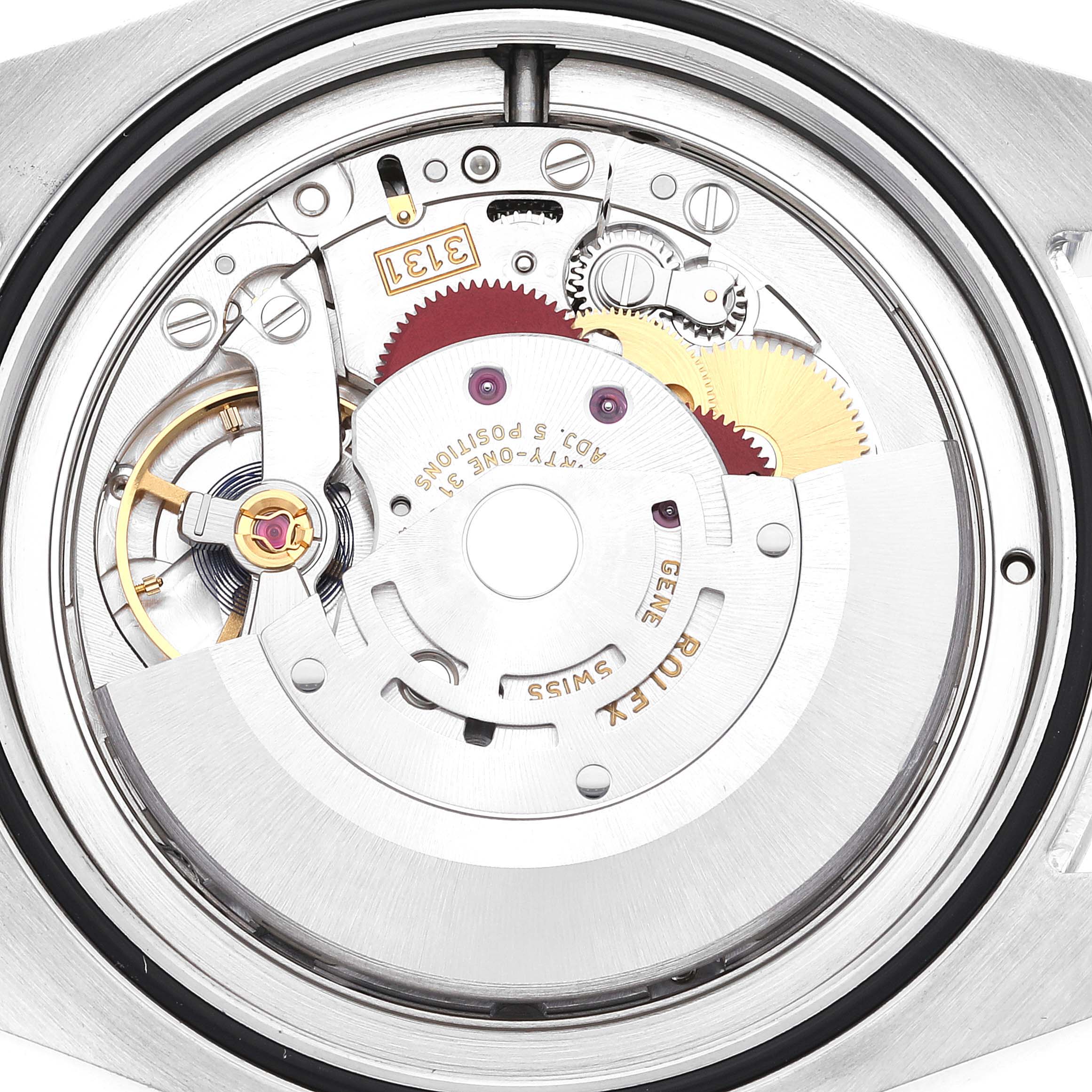 This image shows the detailed inner mechanical movement of the Rolex Air-King 116900 Men's Stainless Steel Black Dial 116900 Men's Stainless Steel Black Dial watch model from an open back view.