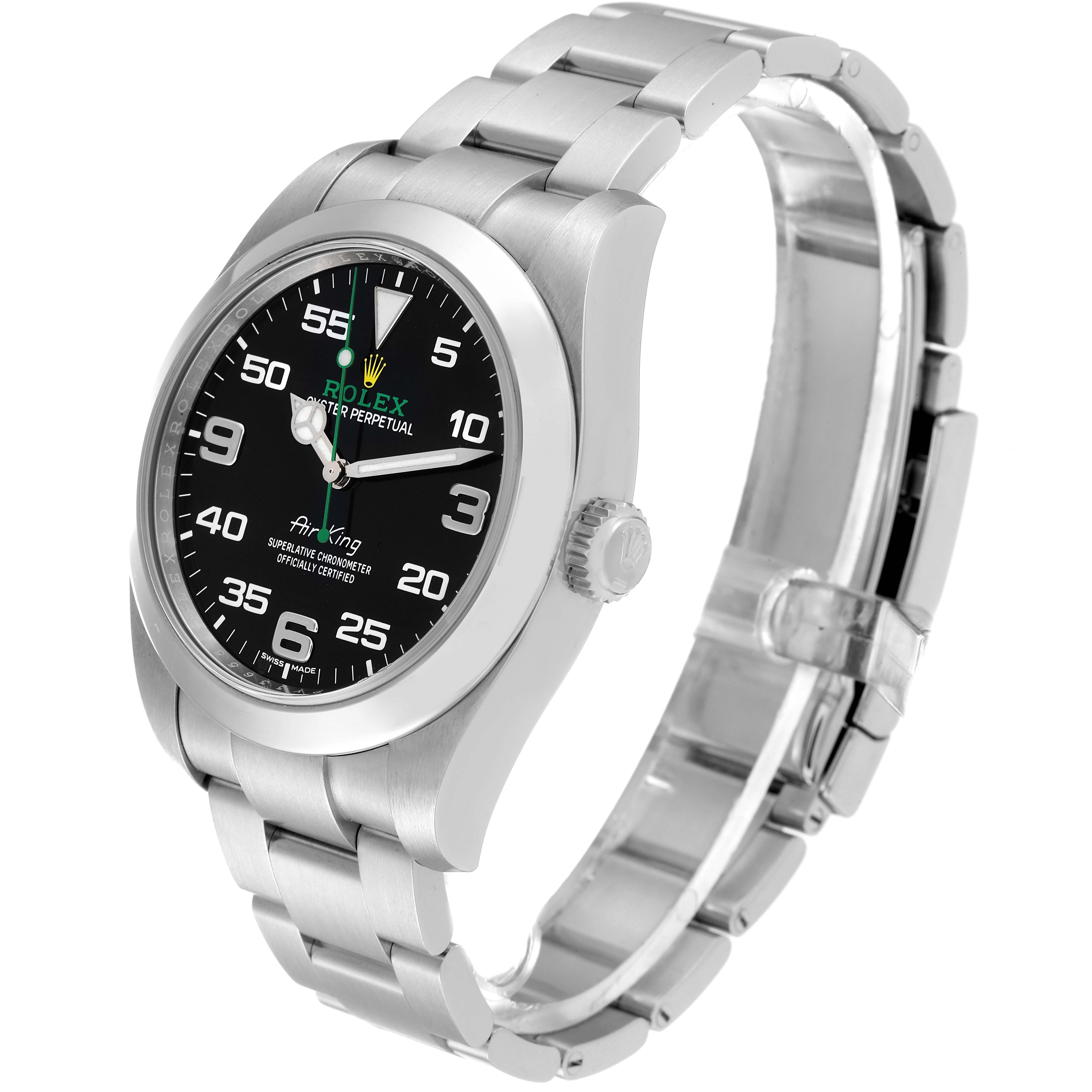 The image shows a Rolex Air-King 116900 Men's Stainless Steel Black Dial 116900 Men's Stainless Steel Black Dial watch at a slight angle, highlighting its dial, crown, and metal bracelet.