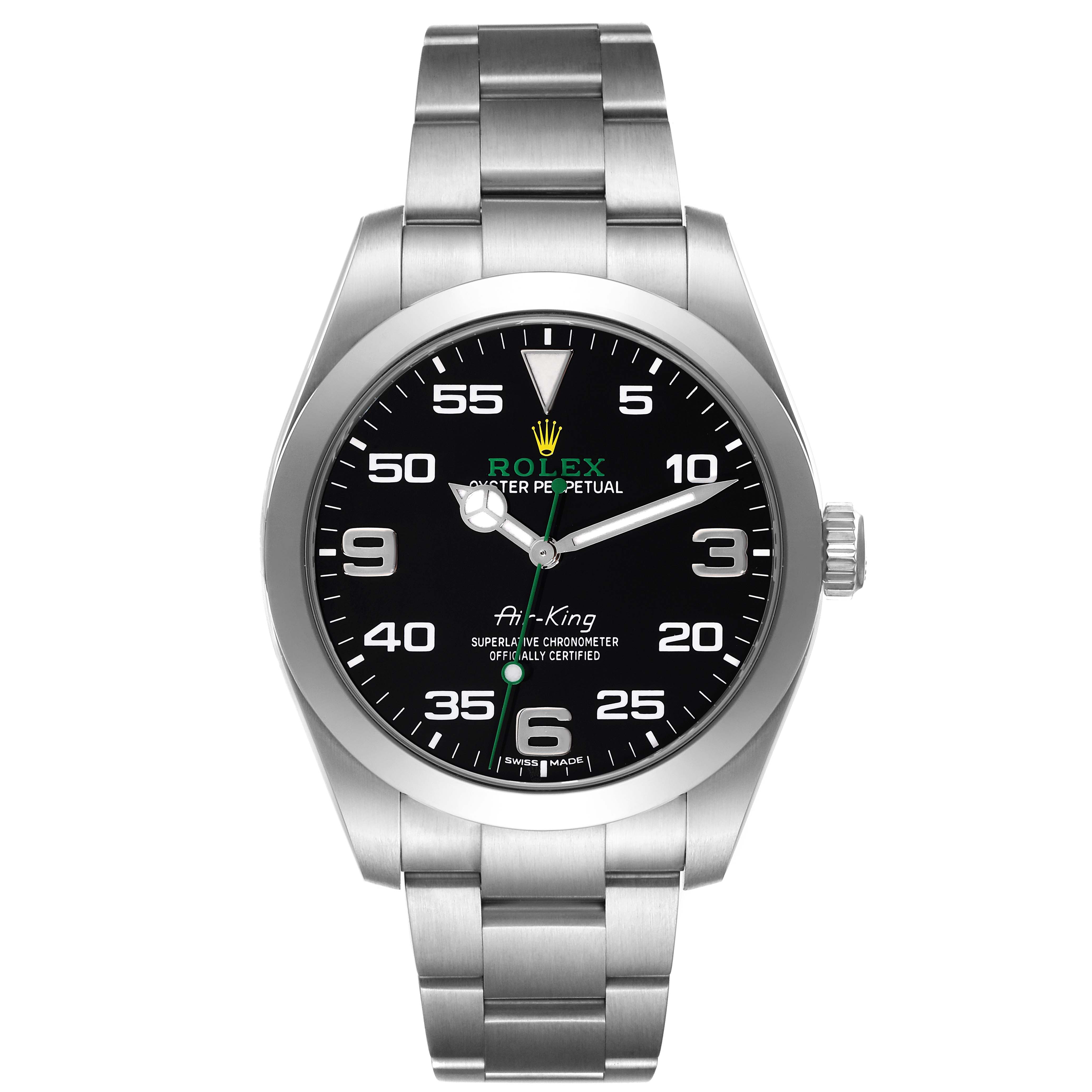 The image shows a front view of a Rolex Air-King 116900 Men's Stainless Steel Black Dial 116900 Men's Stainless Steel Black Dial watch, highlighting the face, bezel, and bracelet.