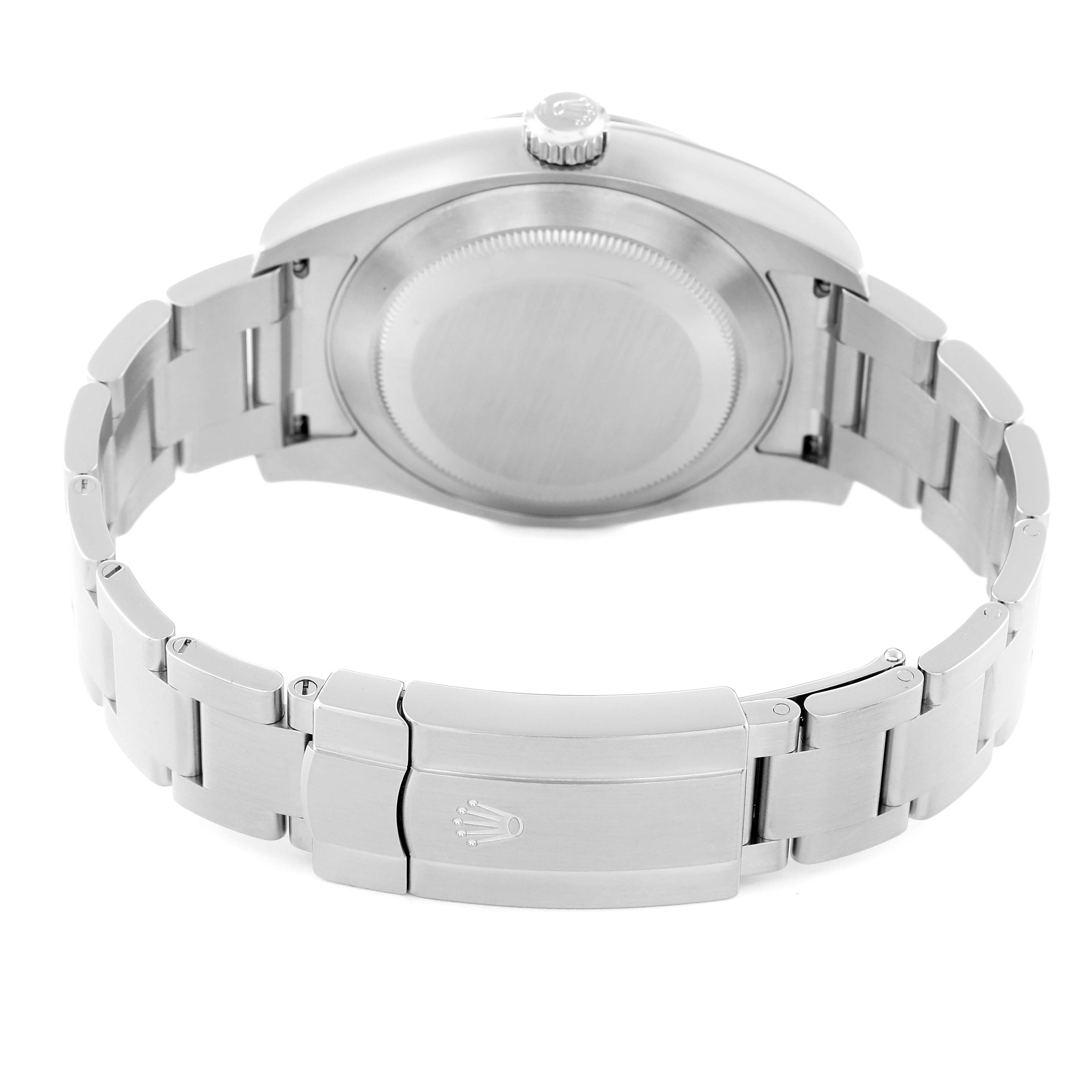 This image shows the back and clasp of a Rolex Air-King 116900 Men's Stainless Steel Black Dial 116900 Men's Stainless Steel Black Dial watch from a rear angle.