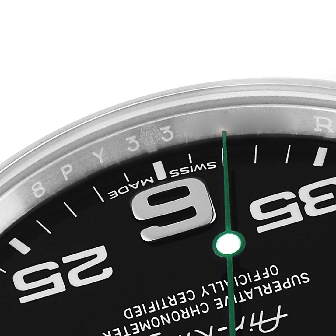 The image shows a close-up angle of the dial of a Rolex Air-King 116900 Men's Stainless Steel Black Dial 116900 Men's Stainless Steel Black Dial, focusing on the 9, 25, and 35 markers along with the second hand.