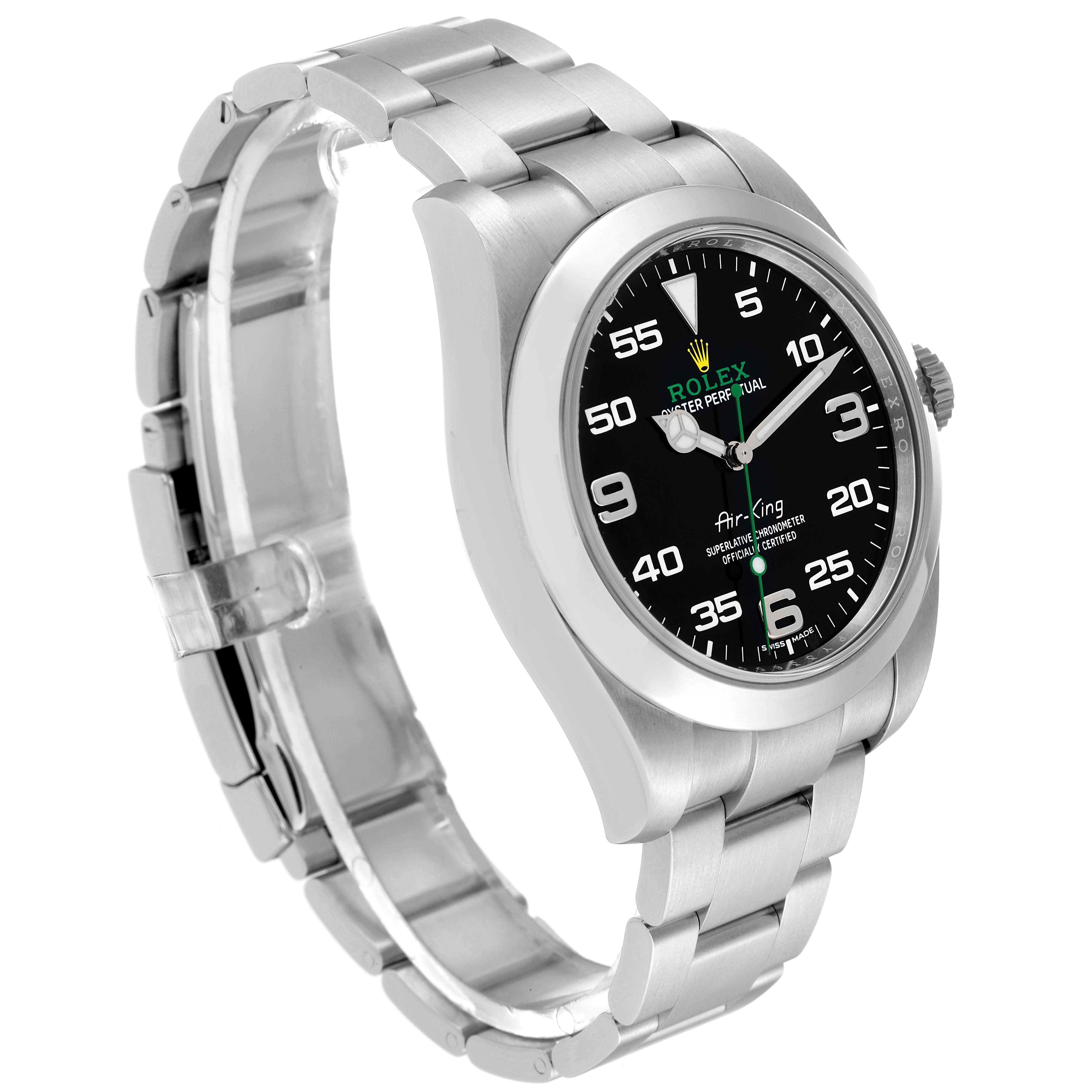 The image shows a Rolex Air-King 116900 Men's Stainless Steel Black Dial 116900 Men's Stainless Steel Black Dial watch at a slight angle, highlighting its bracelet, bezel, and black dial with Arabic numerals.