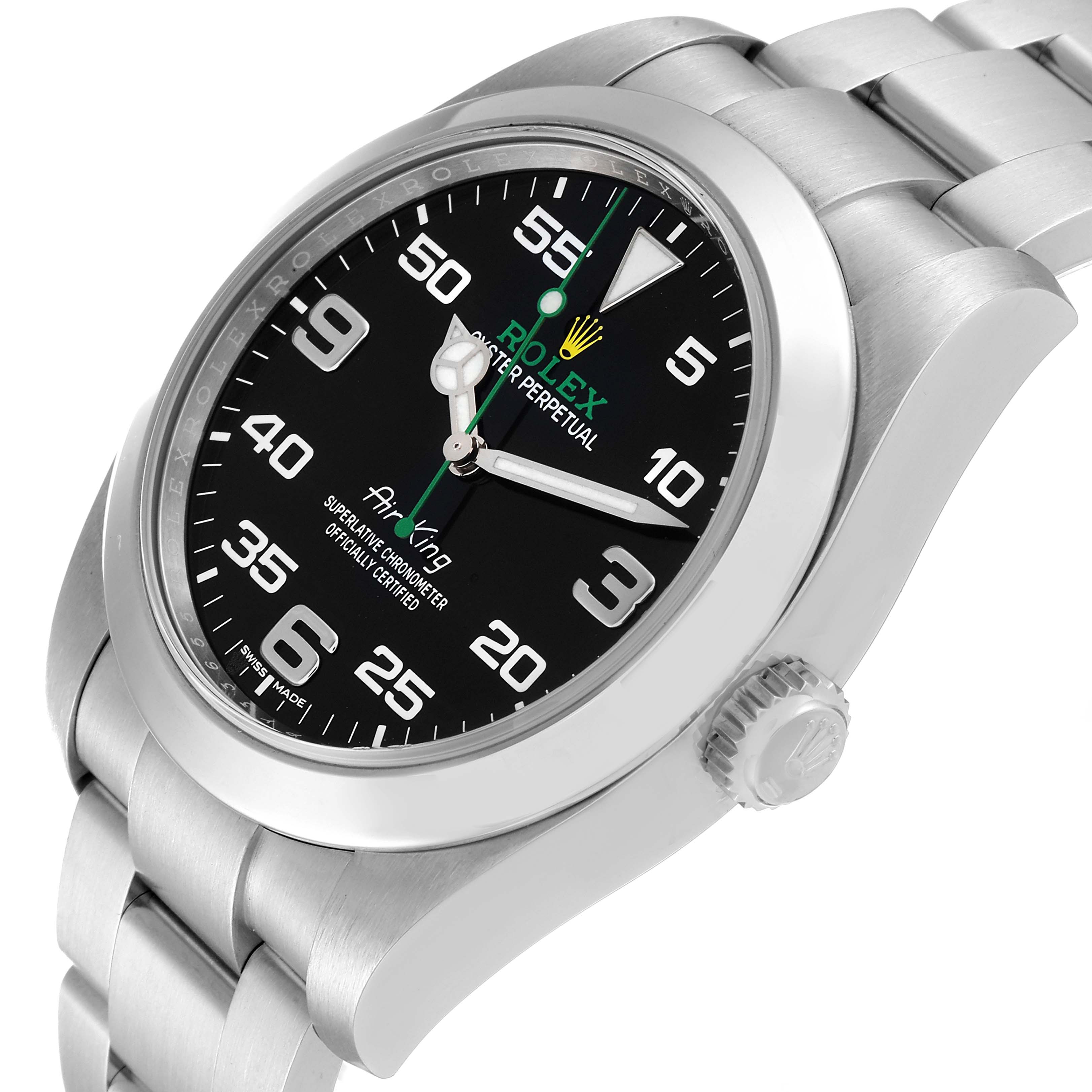 The Rolex Air-King 116900 Men's Stainless Steel Black Dial 116900 Men's Stainless Steel Black Dial watch is shown at a three-quarter angle, displaying the face, crown, and part of the bracelet.